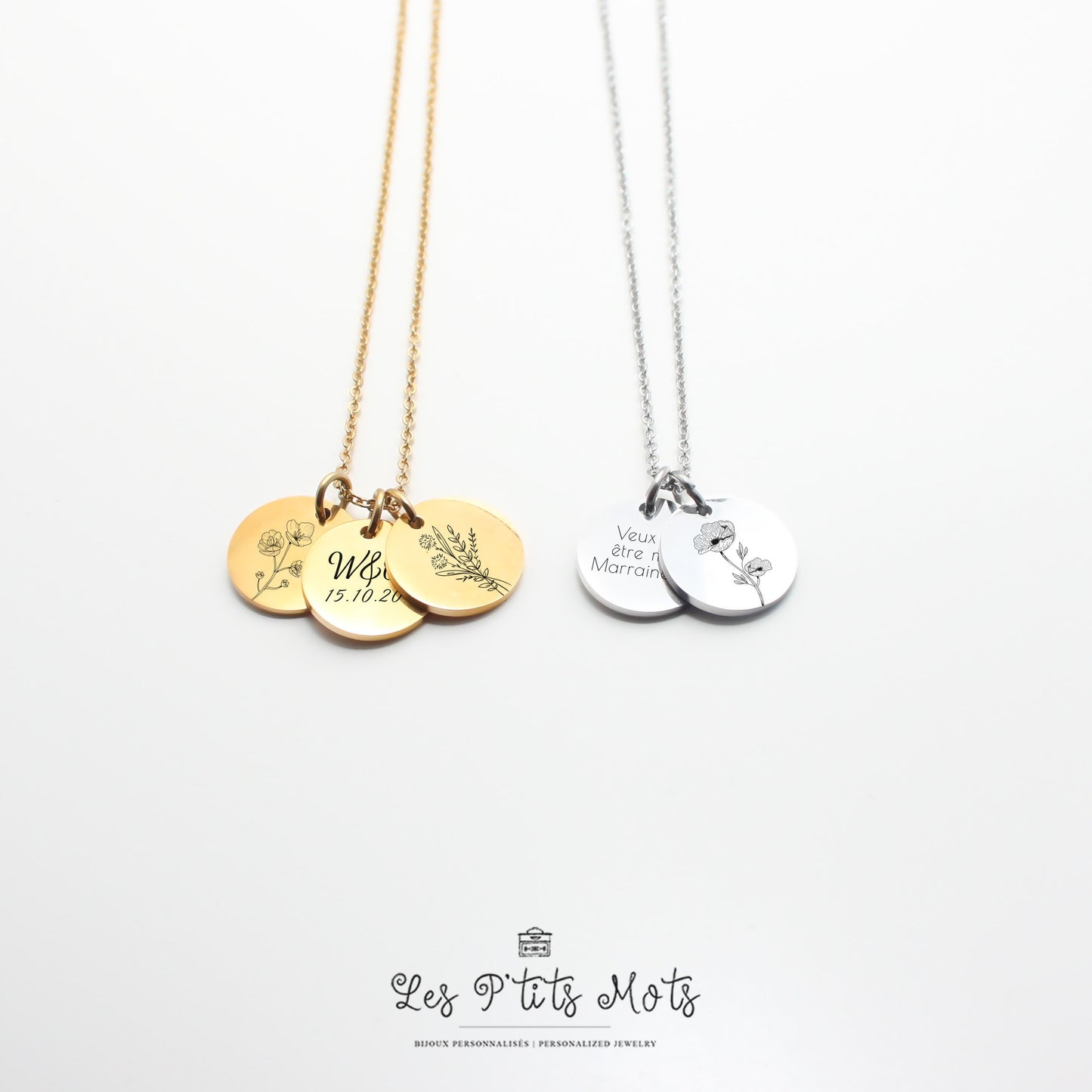 Collier Personnalisé avec fleurs et gravure, Collier pour maman, mamie, marraine, Cadeau fête des mères, Cadeau naissance