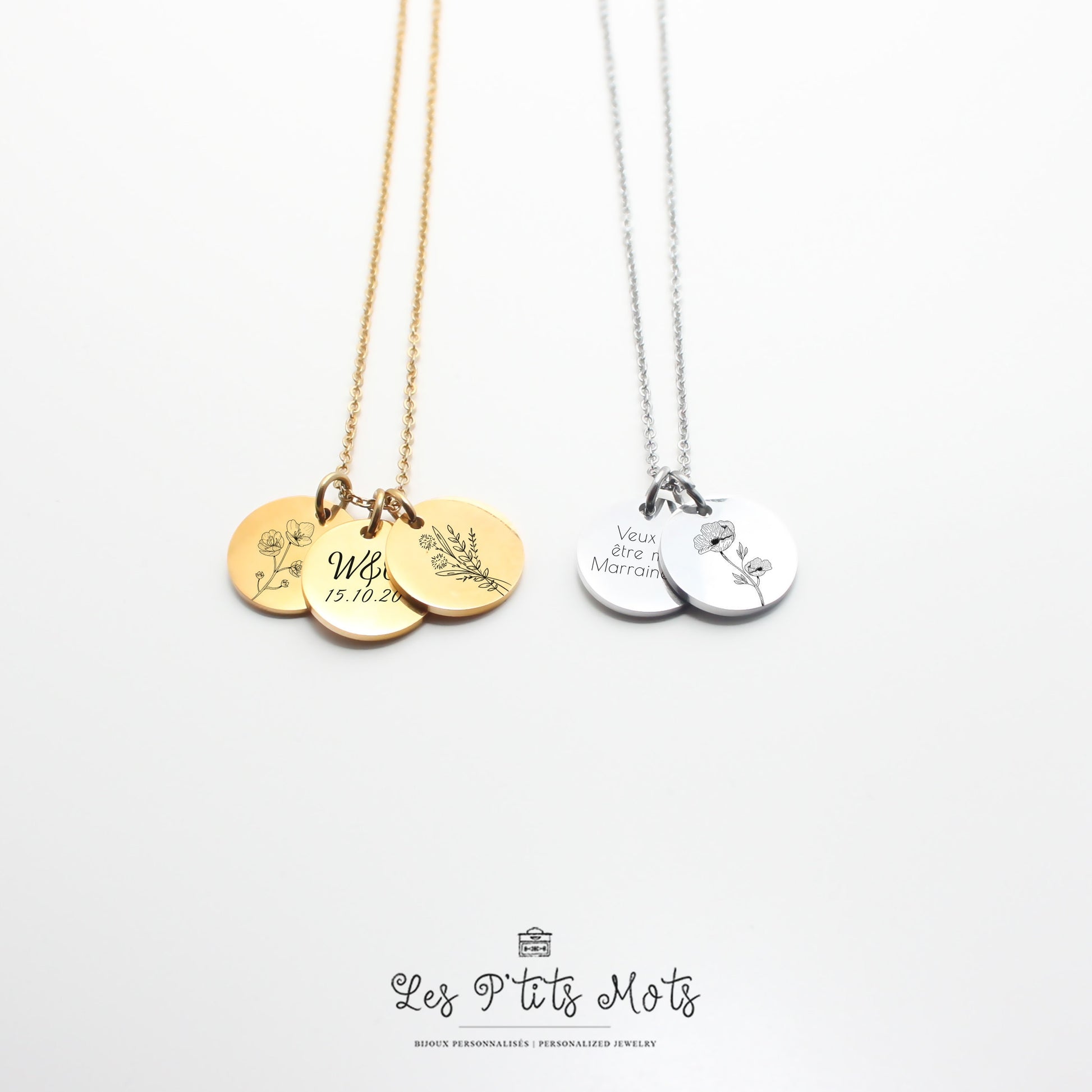 Collier Personnalisé avec fleurs et gravure, Collier pour maman, mamie, marraine, Cadeau fête des mères, Cadeau naissance