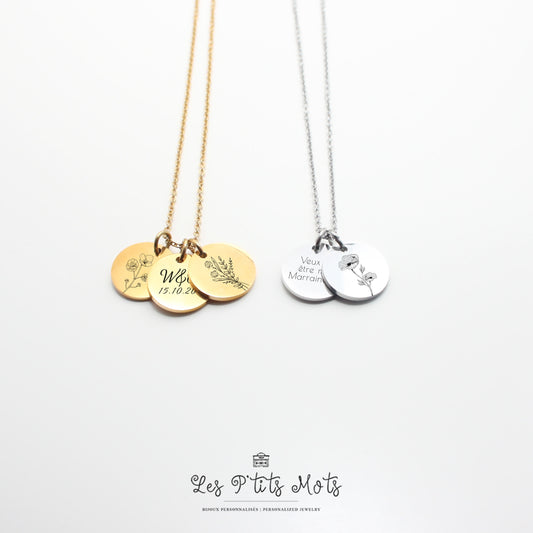 Collier Personnalisé avec fleurs et gravure, Collier pour maman, mamie, marraine, Cadeau fête des mères, Cadeau naissance