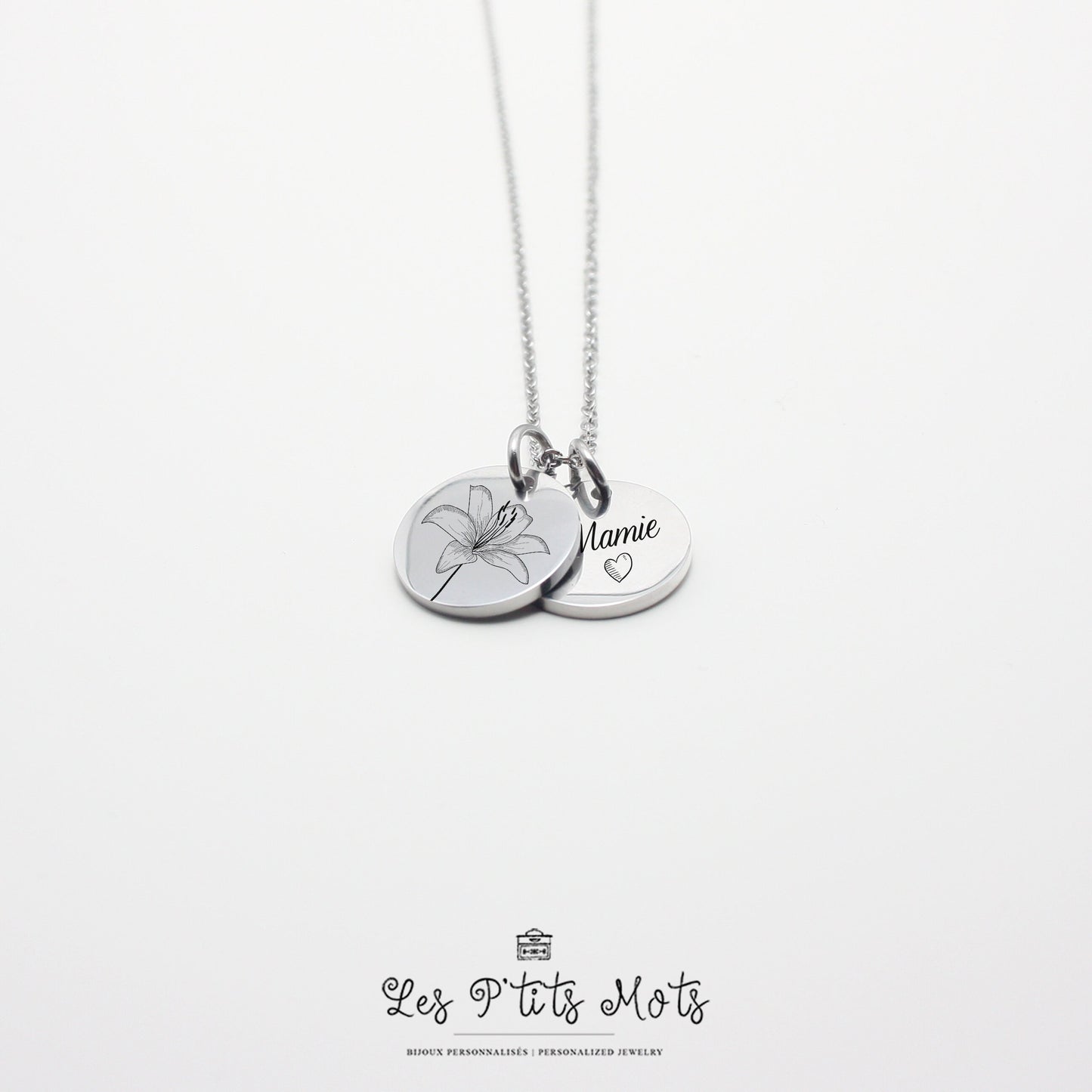 Collier Personnalisé avec fleurs et gravure, Collier pour maman, mamie, marraine, Cadeau fête des mères, Cadeau naissance