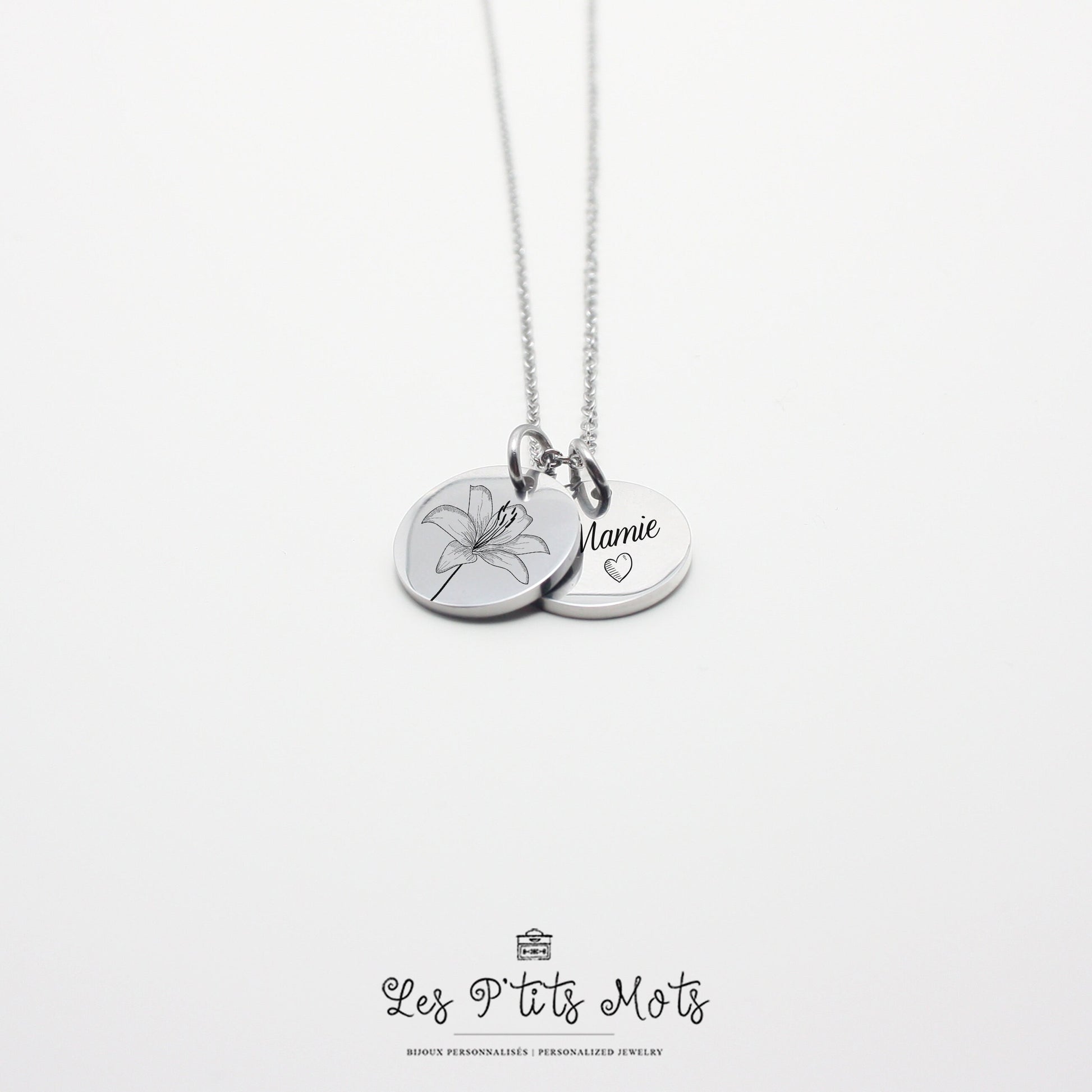 Collier Personnalisé avec fleurs et gravure, Collier pour maman, mamie, marraine, Cadeau fête des mères, Cadeau naissance