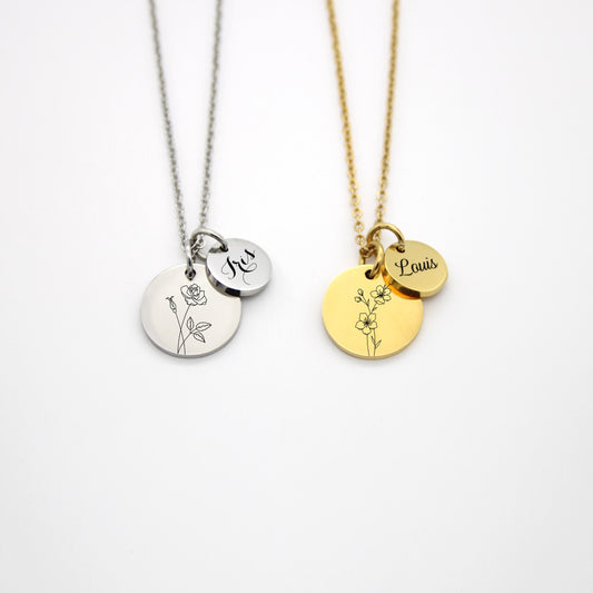 Collier Personnalisé avec Fleur du mois naissance et prénom, Collier pour Maman, Mamie, Marraine, Cadeau fête des mères, Cadeau naissance