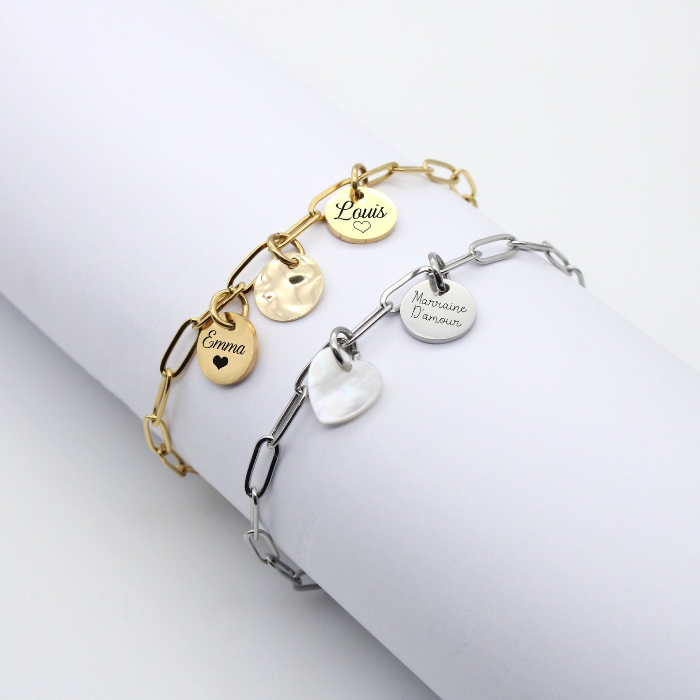 Bracelet chaîne à maillons et médailles en acier • Bijou personnalisé femme, Cadeau Maman, Marraine, Cadeau fête des mères, Cadeau EVJF