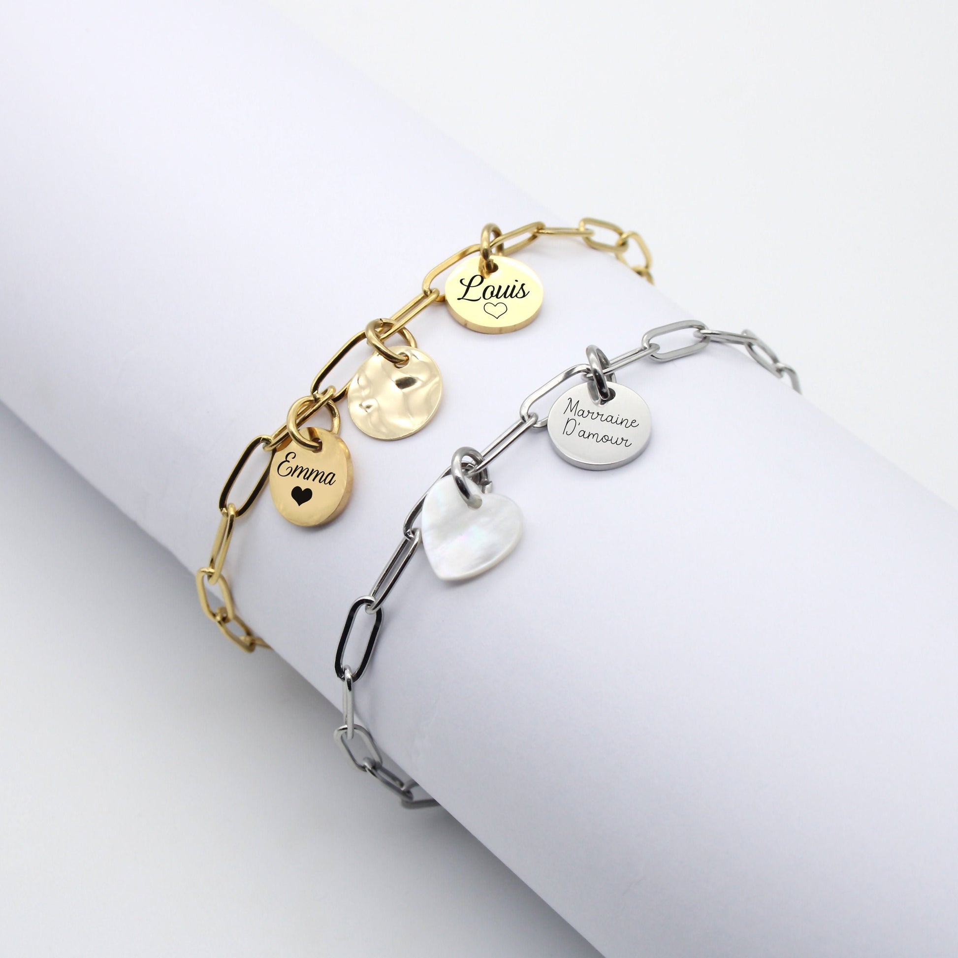 Bracelet chaîne à maillons et médailles en acier • Bijou personnalisé femme, Cadeau Maman, Marraine, Cadeau fête des mères, Cadeau EVJF