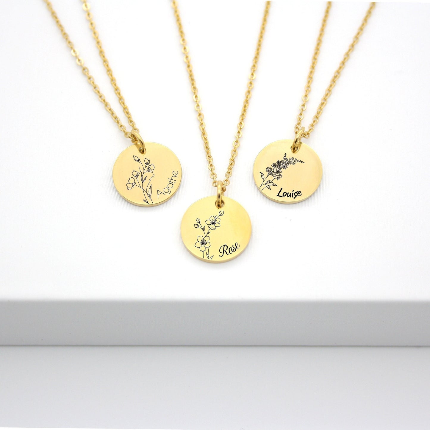 Collier personnalisé avec fleur de naissance et gravure prénom, Cadeau maman, marraine, Cadeau naissance, Cadeau fête des mères