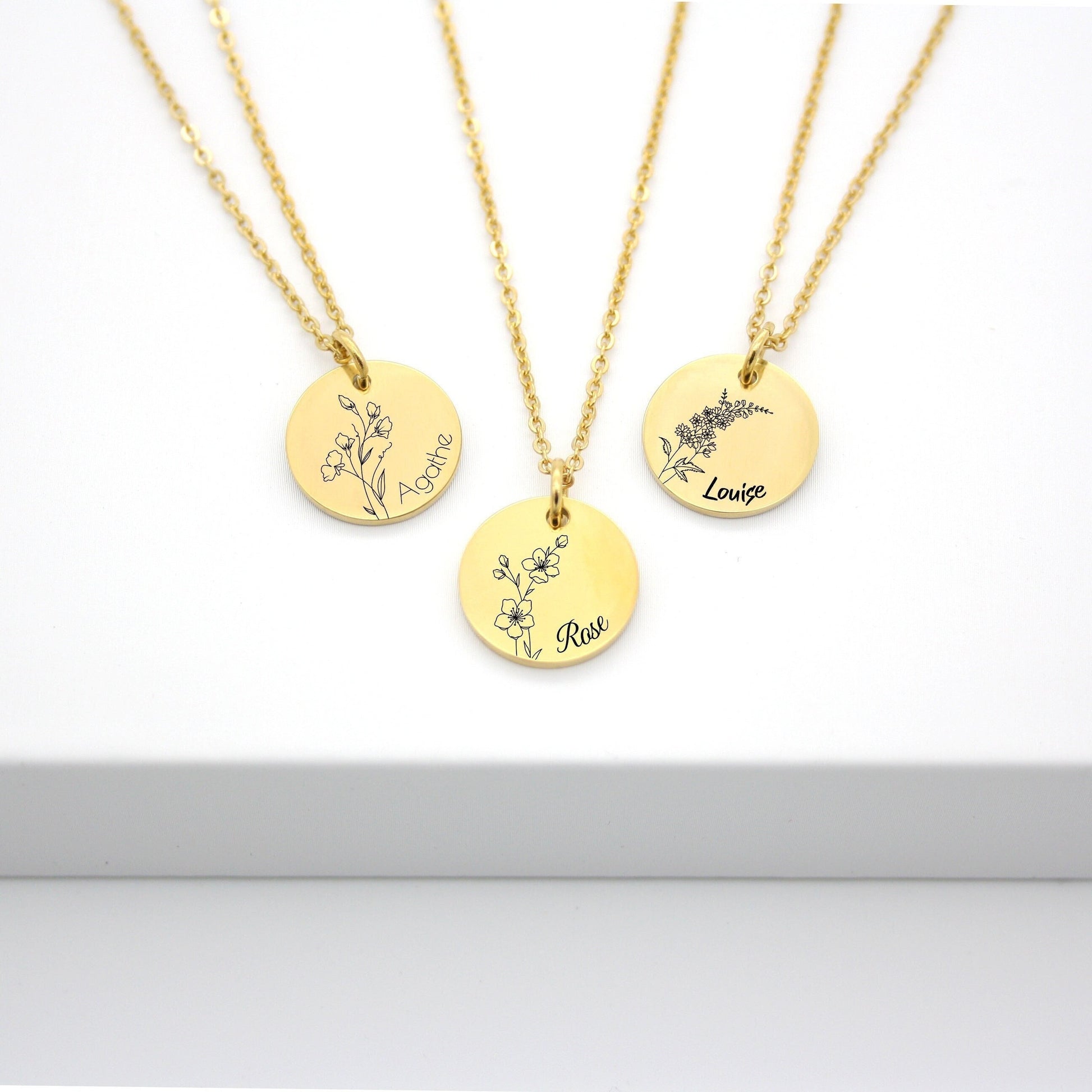 Collier personnalisé avec fleur de naissance et gravure prénom, Cadeau maman, marraine, Cadeau naissance, Cadeau fête des mères
