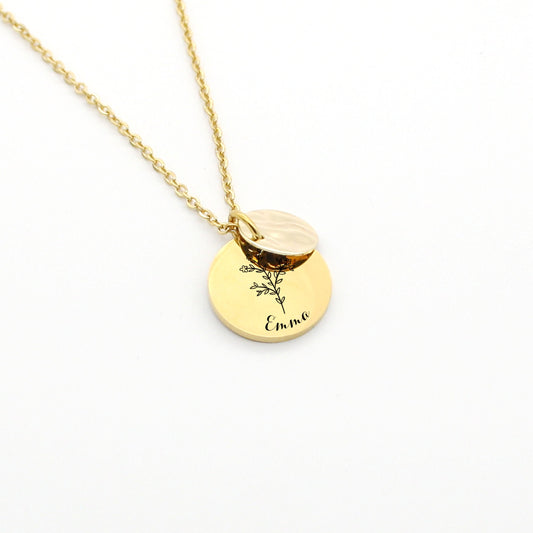 Collier personnalisé fleur de naissance et médaille à graver, Collier pour Maman, Marraine, Cadeau fête des mères, cadeau naissance