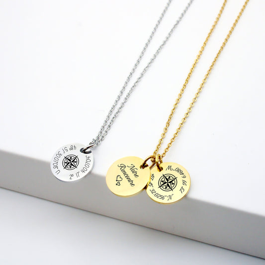 Collier Personnalisé Coordonnées GPS, Collier rose des vents, collier femme personnalisé, cadeau saint valentin, collier maman, marraine