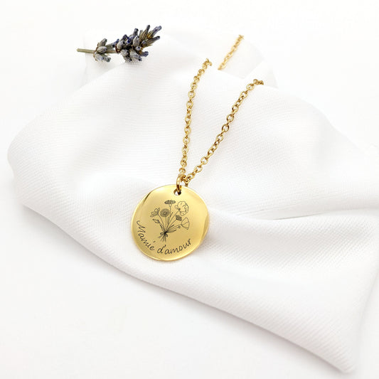 Collier bouquet de fleurs et gravure, Bijou personnalisé, Cadeau fête des mères, Collier pour Maman, Mamie, Cadeau demoiselle honneur