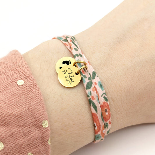 Bracelet Personnalisé Cordon fleuri et médailles, Bracelet pour Maman, Mamie, Marraine, Cadeau naissance, Cadeau Fête des mères