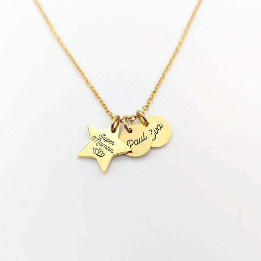 Collier personnalisé étoile acier et médailles à graver • Cadeau baptême, Collier maman, Marraine, Cadeau naissance, Cadeau fête des mères