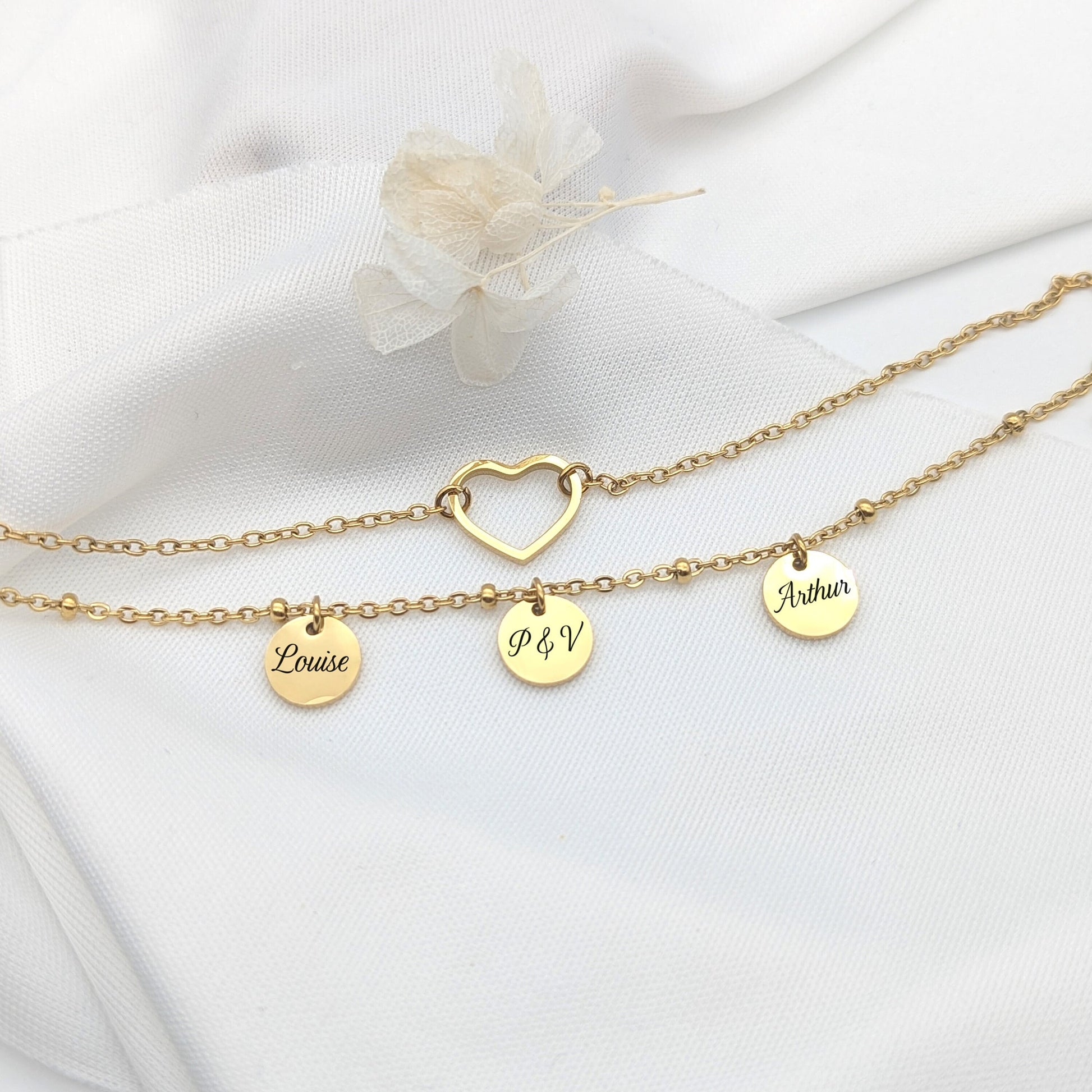 Bracelet personnalisé double chaines cœur et médailles à graver • , Cadeau fête des mères, Cadeau Maman, Cadeau Marraine, Cadeau naissance