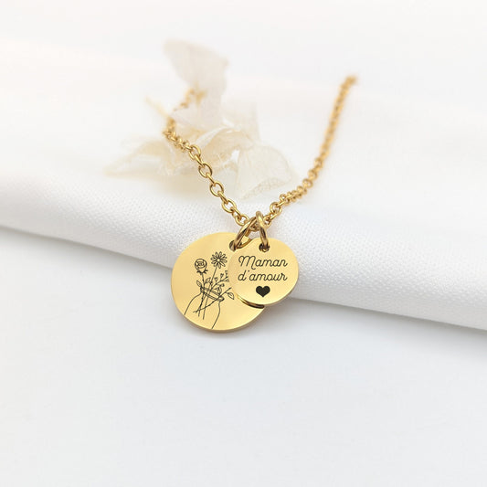Collier Personnalisé avec bouquet de fleurs et gravure, Collier pour Maman, Marraine, Mamie, Cadeau Naissance, Cadeau fête des mères