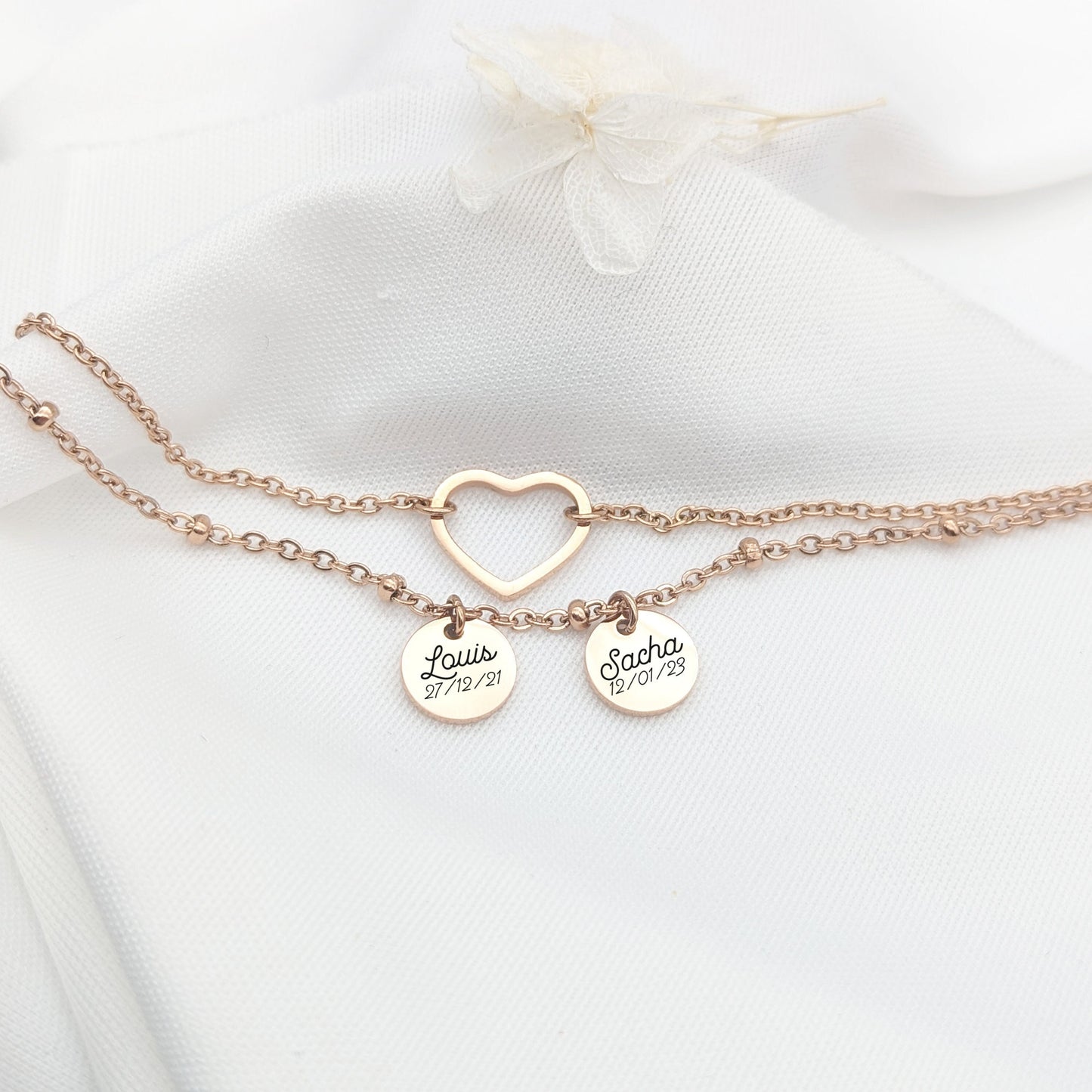 Bracelet personnalisé double chaines cœur et médailles à graver • , Cadeau fête des mères, Cadeau Maman, Cadeau Marraine, Cadeau naissance