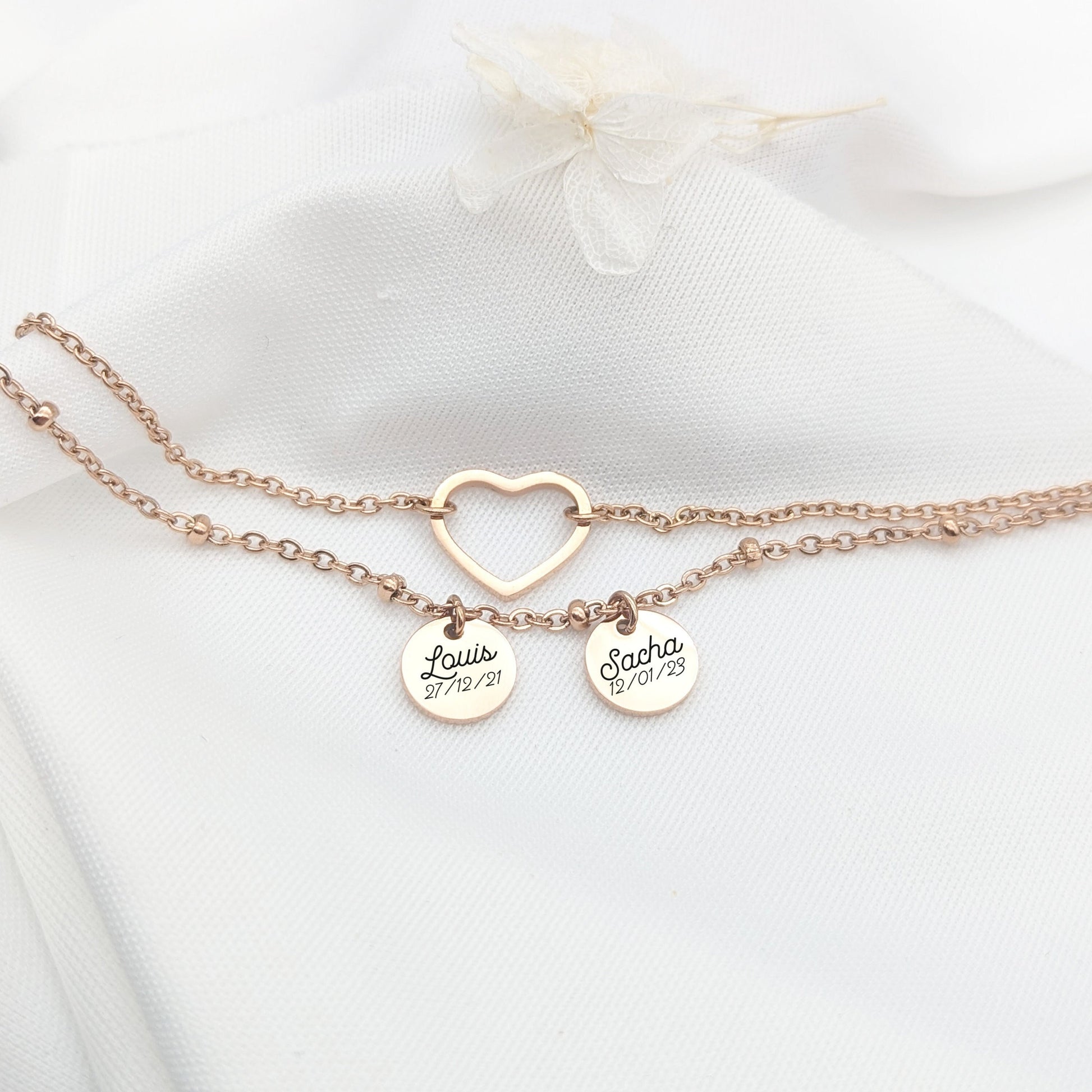 Bracelet personnalisé double chaines cœur et médailles à graver • , Cadeau fête des mères, Cadeau Maman, Cadeau Marraine, Cadeau naissance