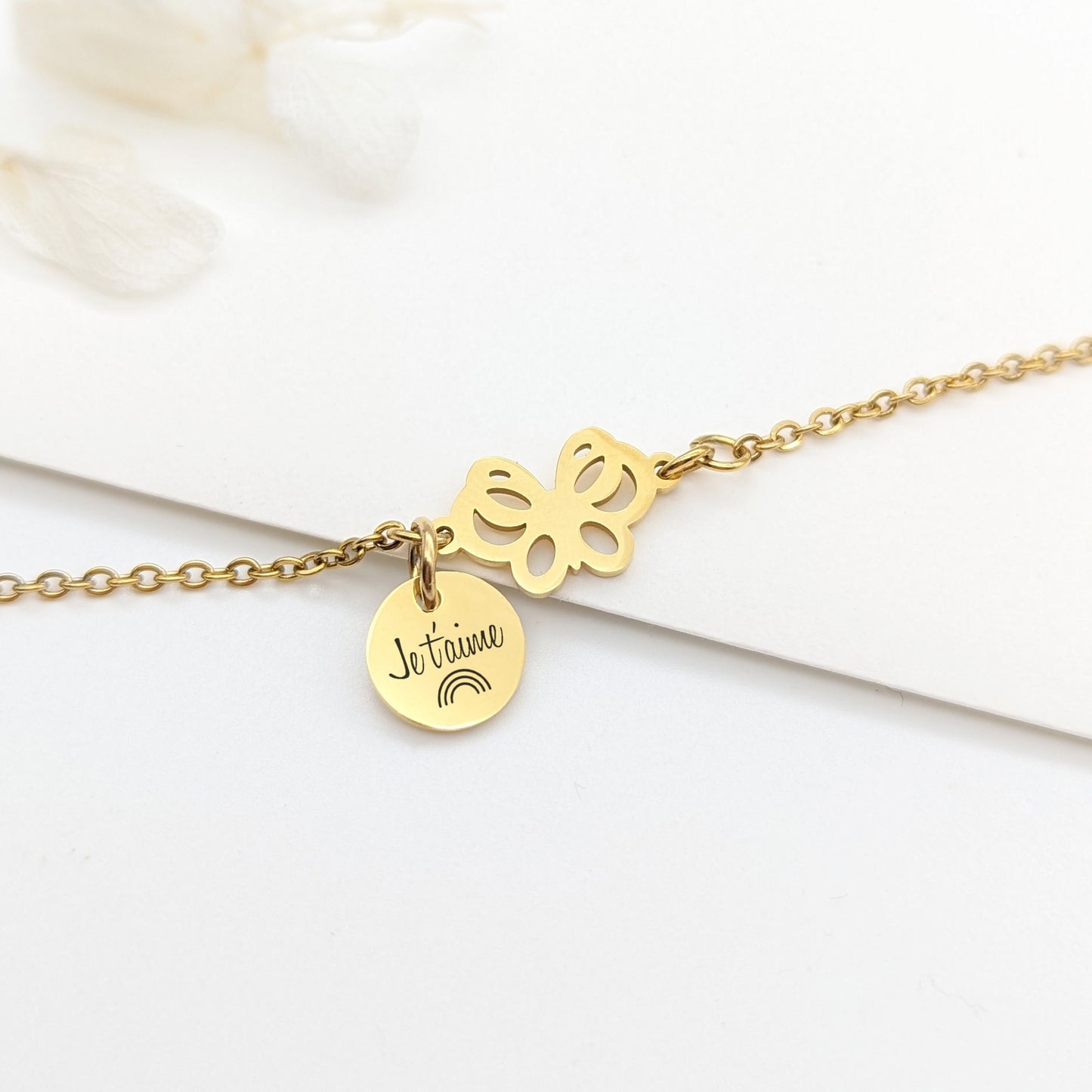 Bracelet enfant papillon et médaille à graver - Bracelet personnalisé enfant, Cadeau Naissance, Cadeau baptême, Cadeau future grande sœur