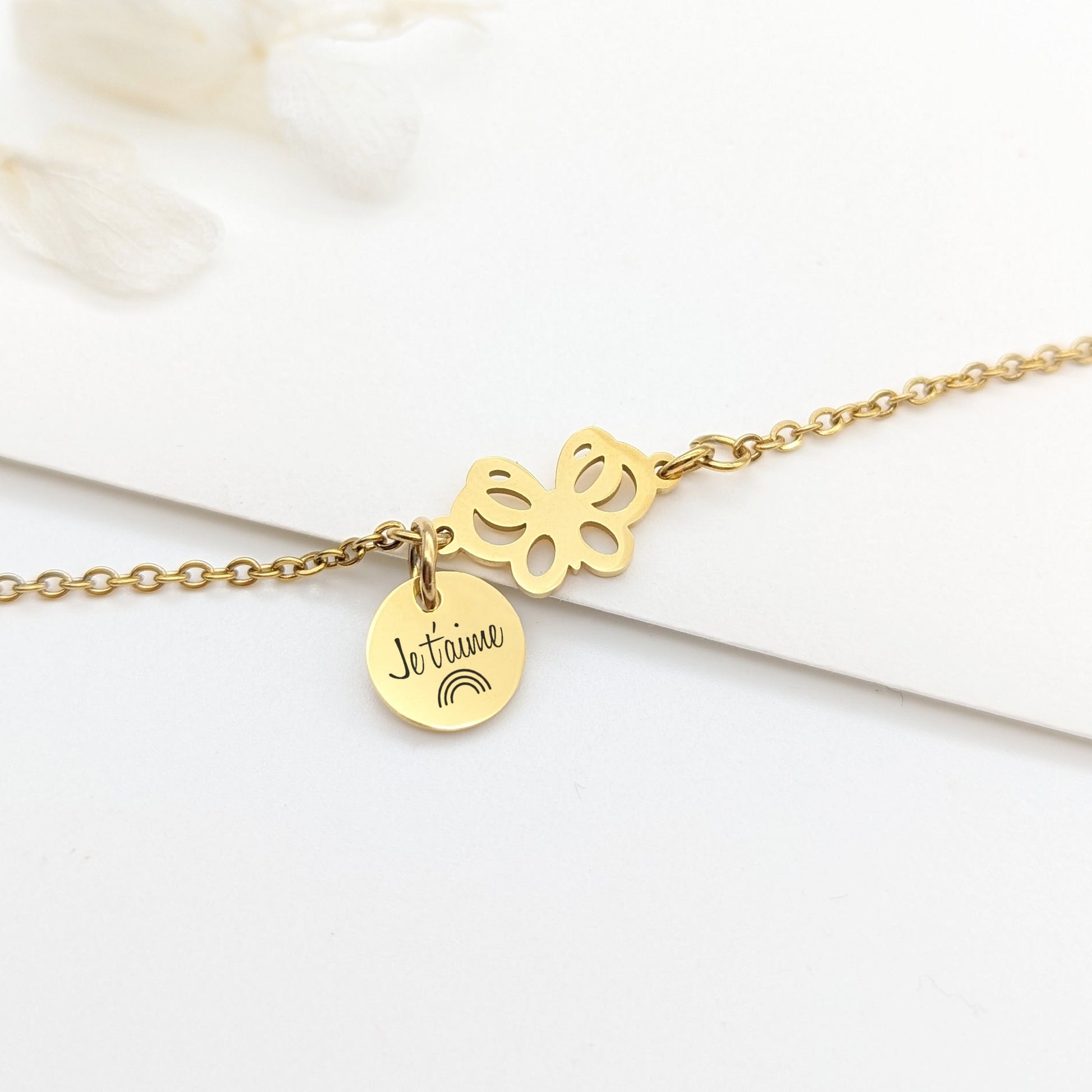 Bracelet enfant papillon et médaille à graver - Bracelet personnalisé enfant, Cadeau Naissance, Cadeau baptême, Cadeau future grande sœur