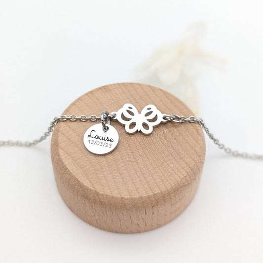 Bracelet enfant papillon et médaille à graver - Bracelet personnalisé enfant, Cadeau Naissance, Cadeau baptême, Cadeau future grande sœur