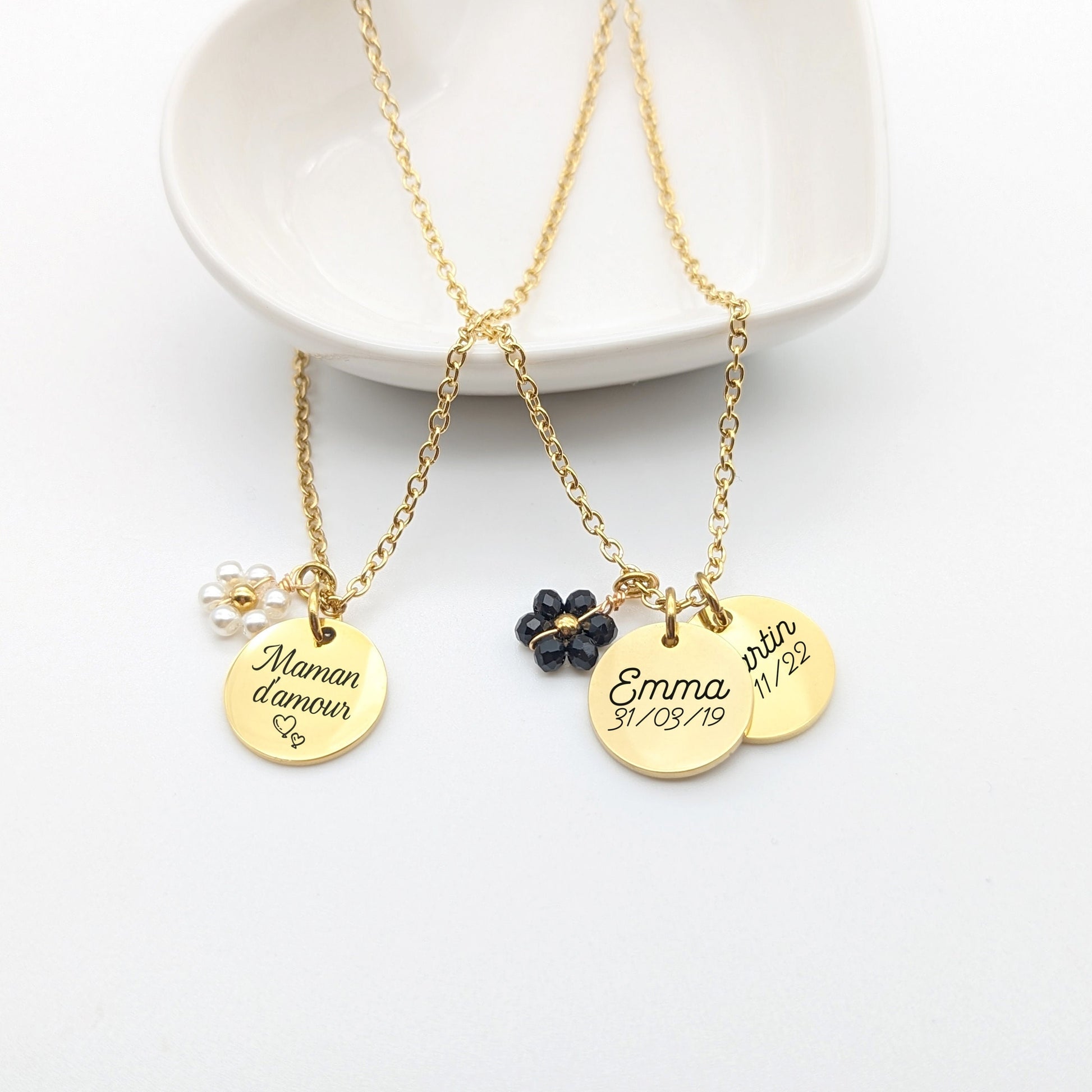 Collier Personnalisé en acier inoxydable avec Fleur, Bijou personnalisé, Cadeau Maman, Marraine, Cadeau naissance, Cadeau fête des mères
