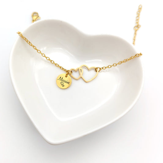 Bracelet Personnalisé avec cœurs et médaille gravée, Bracelet prénom, Bijou Maman, cadeau demoiselle honneur, Cadeau fête des mères,