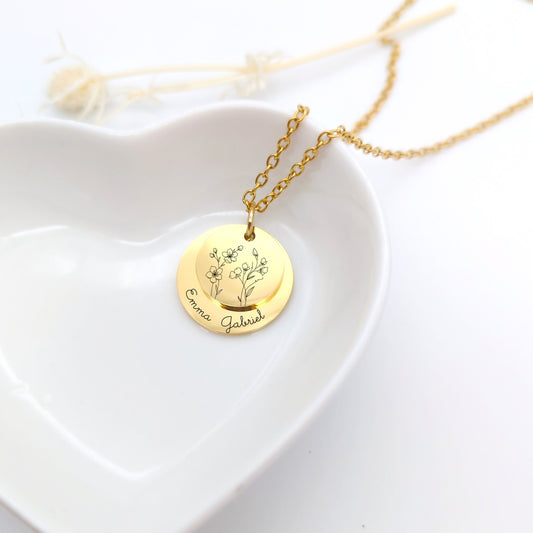 Collier Personnalisé acier inoxydable avec fleur de naissance • Bijou personnalisé femme, Bijou Marraine, Cadeau naissance, Fête des mères