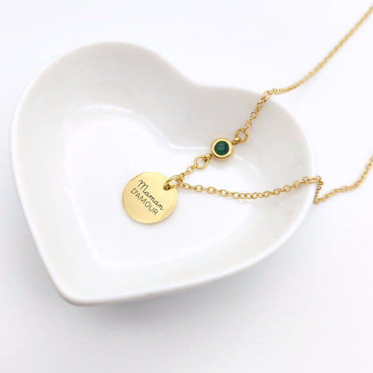 Collier personnalisé en acier inoxydable avec pierre de naissance sur la chaine et médaille à graver.