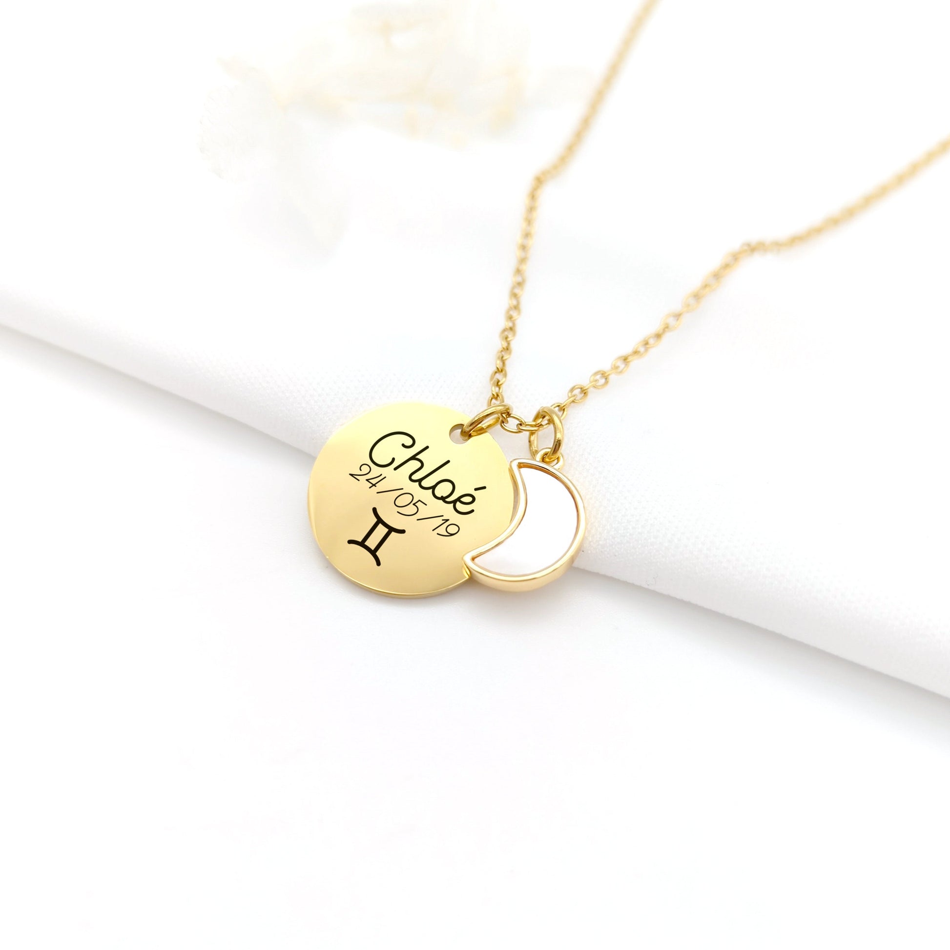 Collier Personnalisé médaille et nacre étoile - Cadeau Maman, Cadeau Marraine, Cadeau naissance, Cadeau fête des mères, Cadeau femme gravé