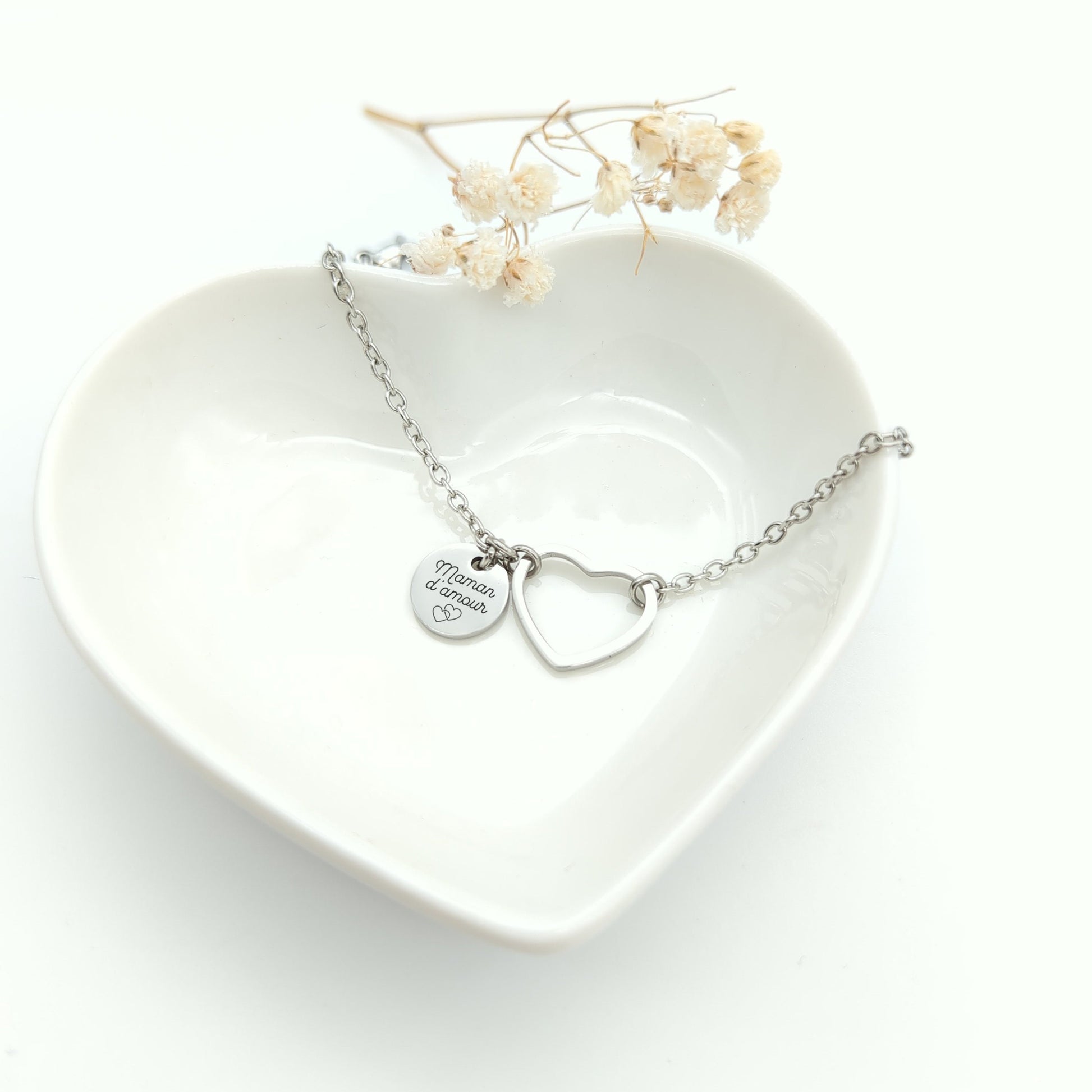 Bracelet Cœur et médaille gravée, Bijou personnalisé femme, Cadeau Fête des mères, Bracelet Maman, Marraine, Cadeau demoiselle honneur