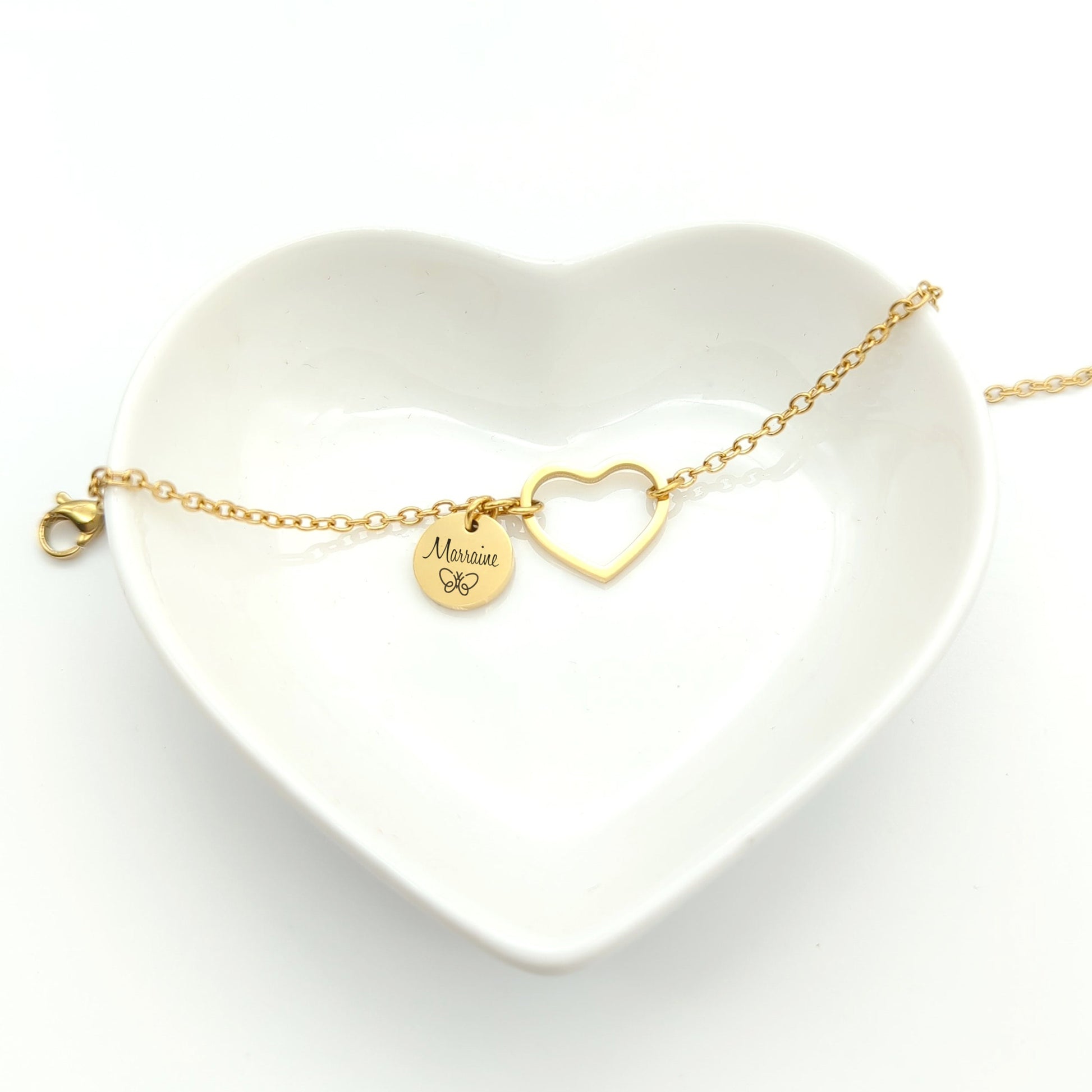Bracelet Cœur et médaille gravée, Bijou personnalisé femme, Cadeau Fête des mères, Bracelet Maman, Marraine, Cadeau demoiselle honneur