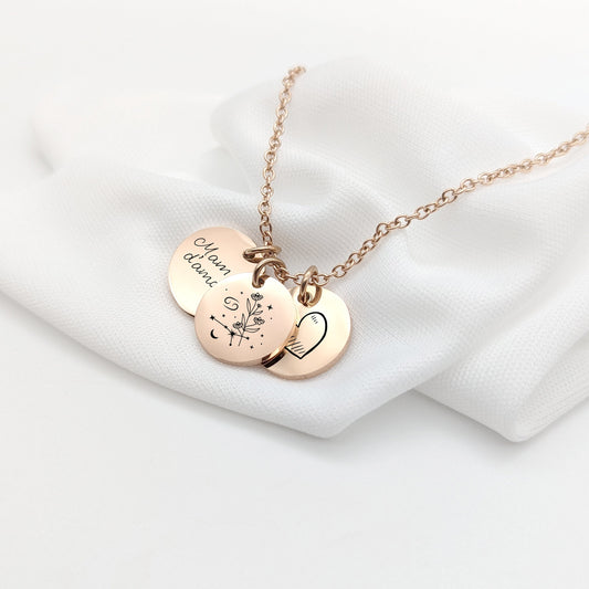 Collier en acier inoxydable avec gravure d&#39;une constellation florale et texte au choix. Collier disponible en trois coloris