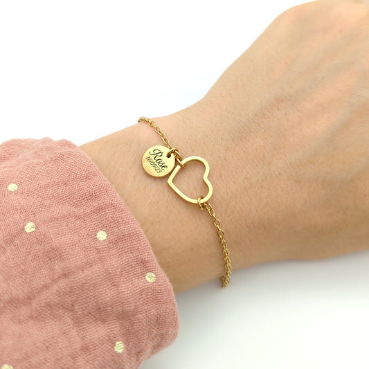 Bracelet Cœur et médaille gravée, Bijou personnalisé femme, Cadeau Fête des mères, Bracelet Maman, Marraine, Cadeau demoiselle honneur