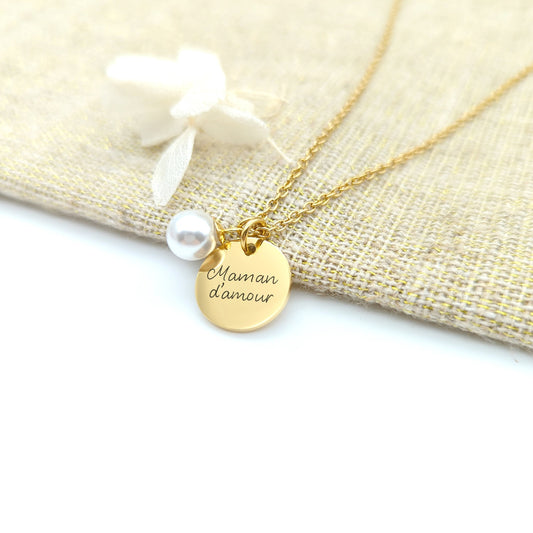 Collier Personnalisé médaille à graver et perle, Cadeau Maman, Marraine, Mamie, Cadeau naissance, Bijou demoiselle d'honneur, Cadeau Baptême