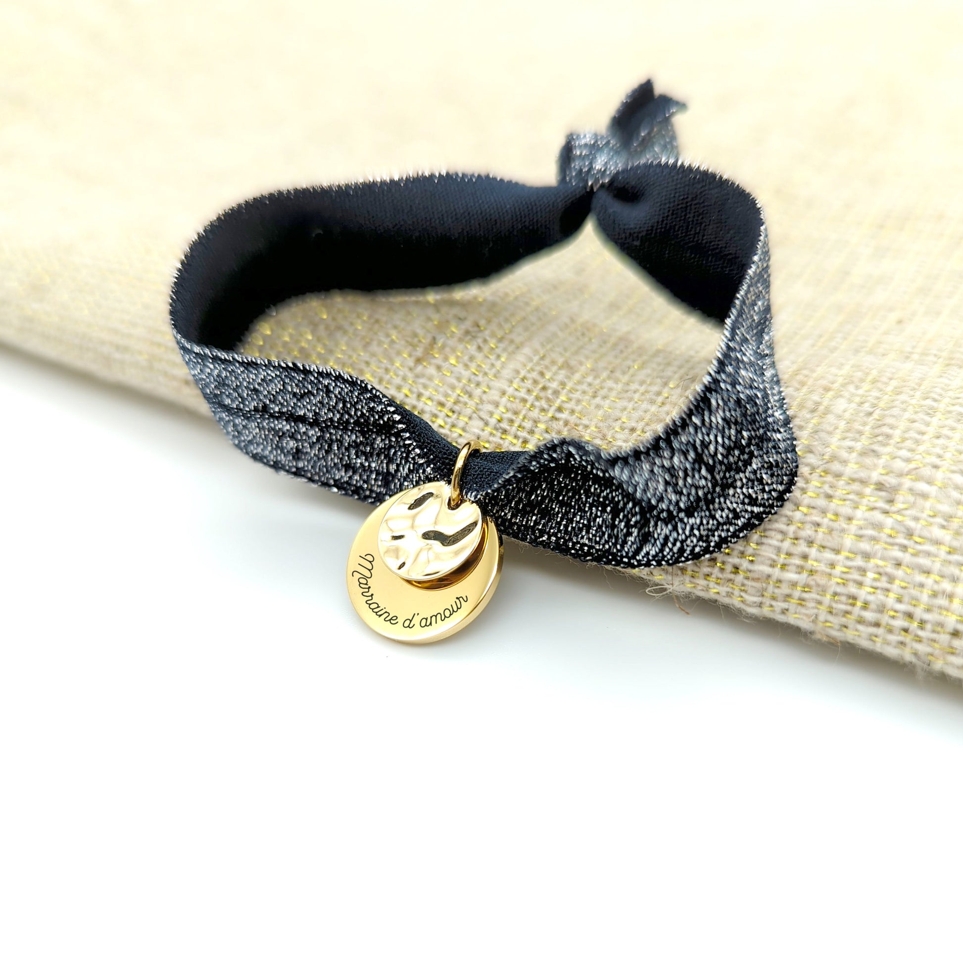 Bracelet personnalisé Ruban Elastique et médaille à graver - Bracelet Femme, Bracelet Maman, Marraine, Cadeau Noël personnalisé