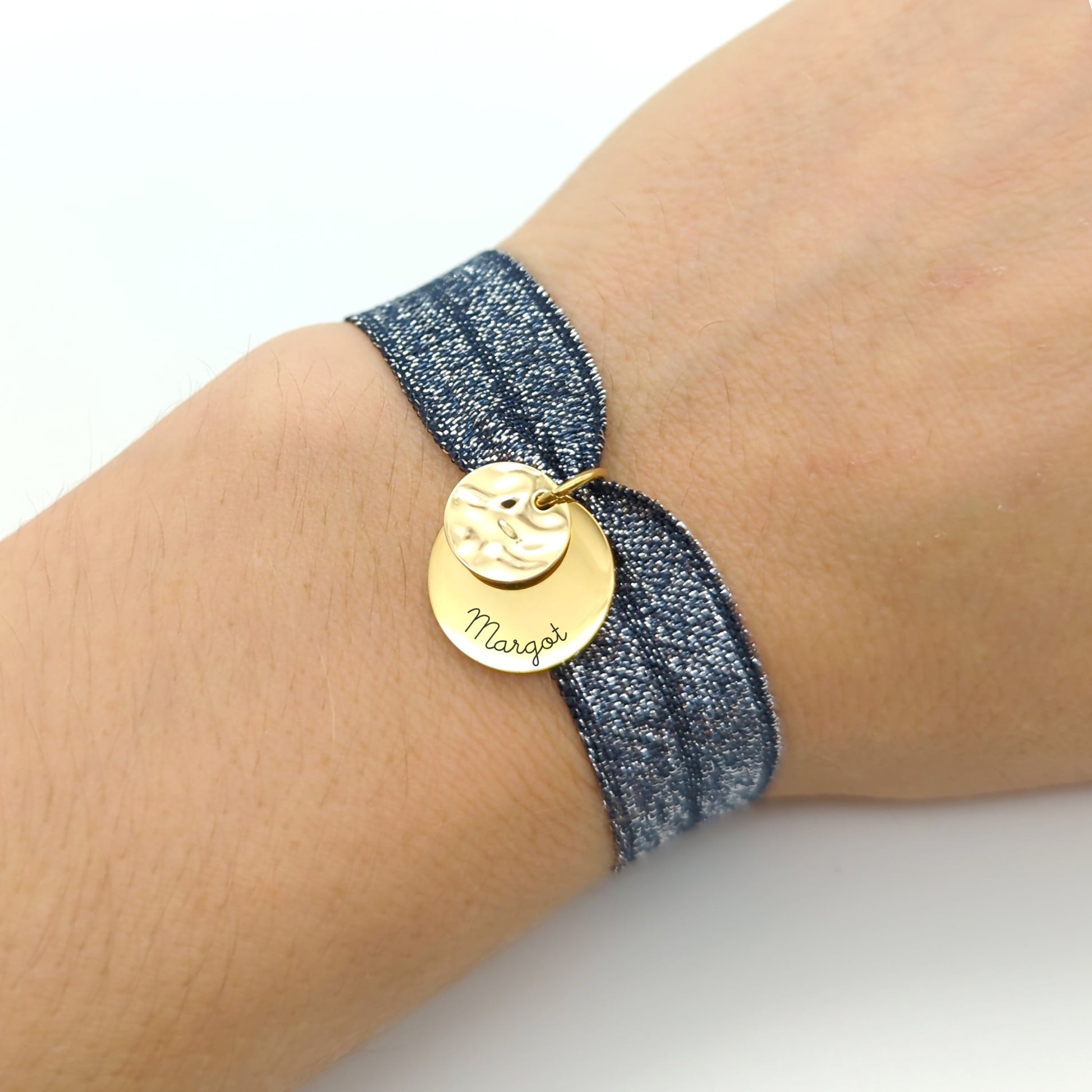 Bracelet personnalisé Ruban Elastique et médaille à graver - Bracelet Femme, Bracelet Maman, Marraine, Cadeau Noël personnalisé