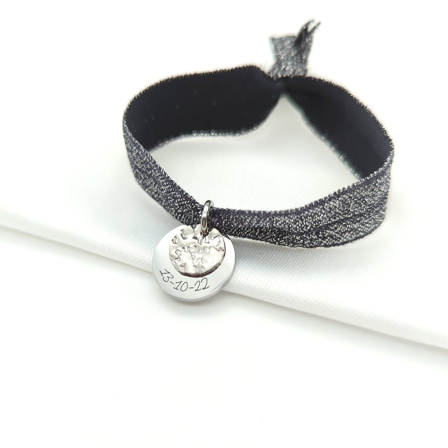 Bracelet personnalisé Ruban Elastique et médaille à graver - Bracelet Femme, Bracelet Maman, Marraine, Cadeau Noël personnalisé