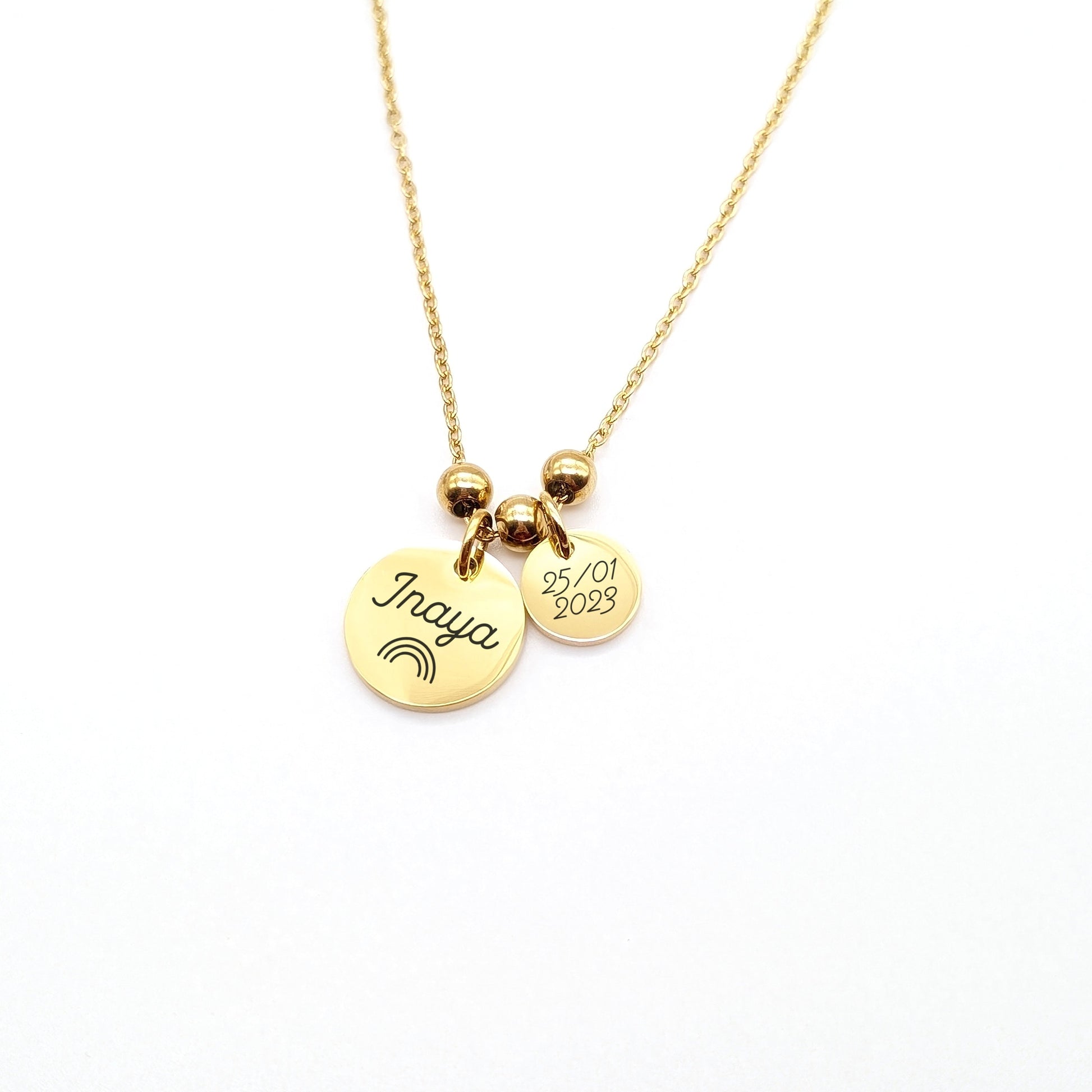 Collier personnalisé chaîne avec perles acier et médailles gravées, Collier pour maman, Marraine, Cadeau Fête des mères, Cadeau naissance