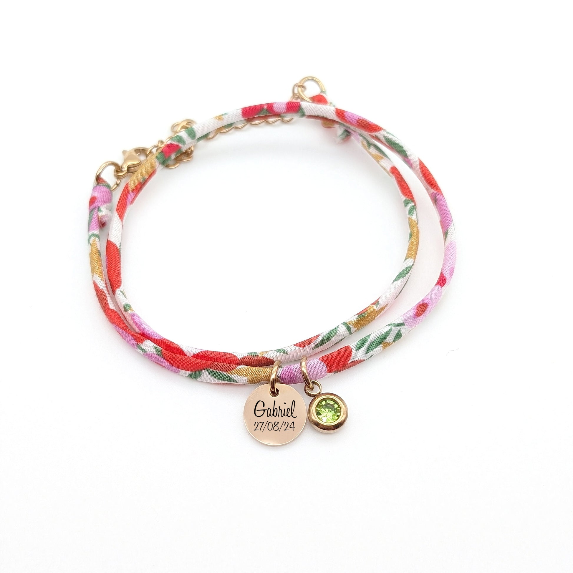 Bracelet personnalisé cordon Liberty avec pierre de naissance, Bijou pour Maman, Marraine, Cadeau naissance, Cadeau Fête des mères