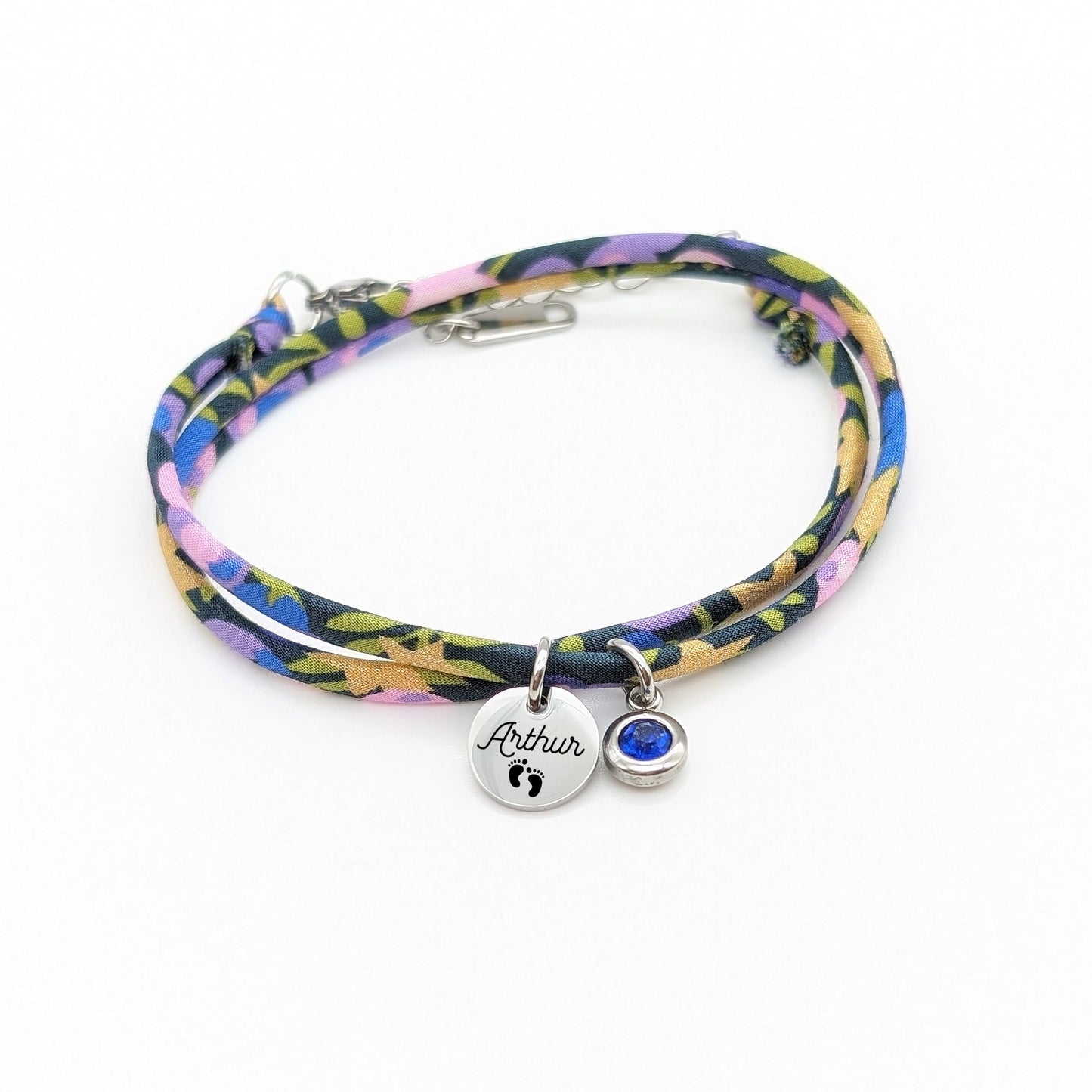 Bracelet personnalisé cordon Liberty avec pierre de naissance, Bijou pour Maman, Marraine, Cadeau naissance, Cadeau Fête des mères