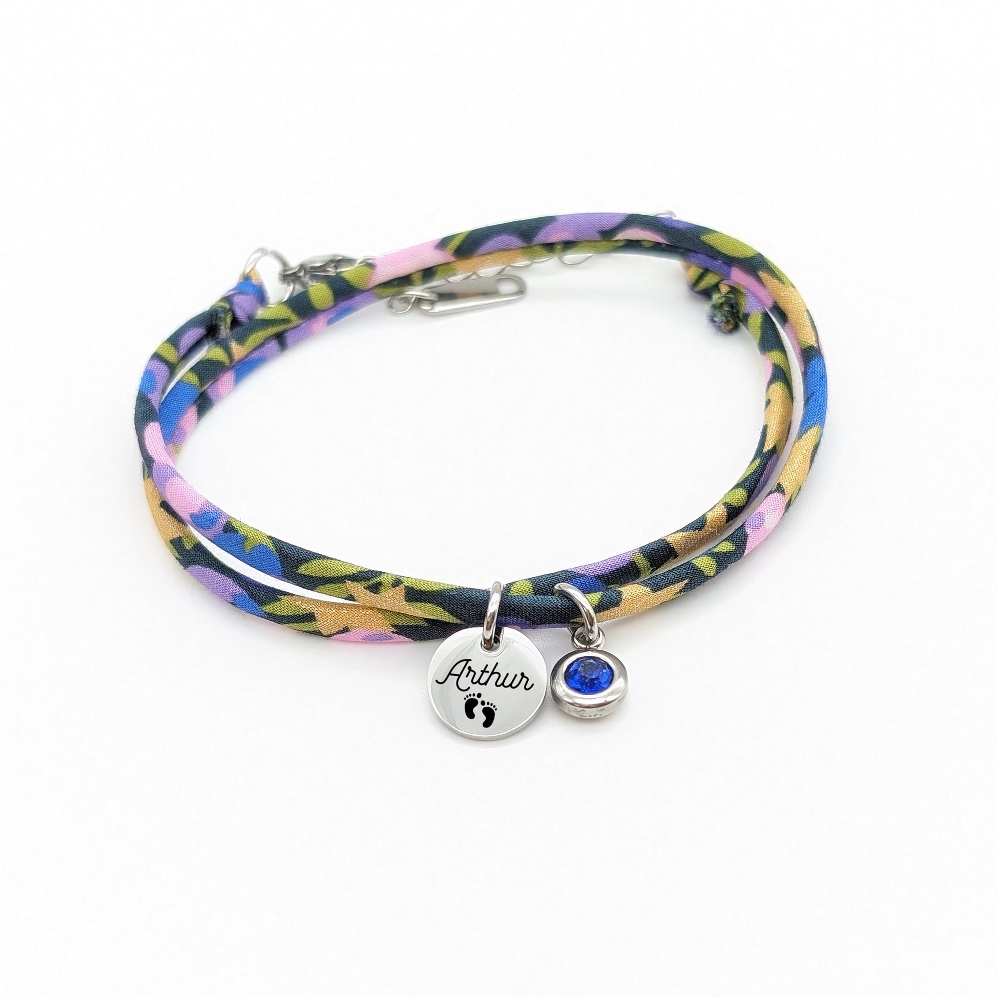Bracelet personnalisé cordon Liberty avec pierre de naissance, Bijou pour Maman, Marraine, Cadeau naissance, Cadeau Fête des mères