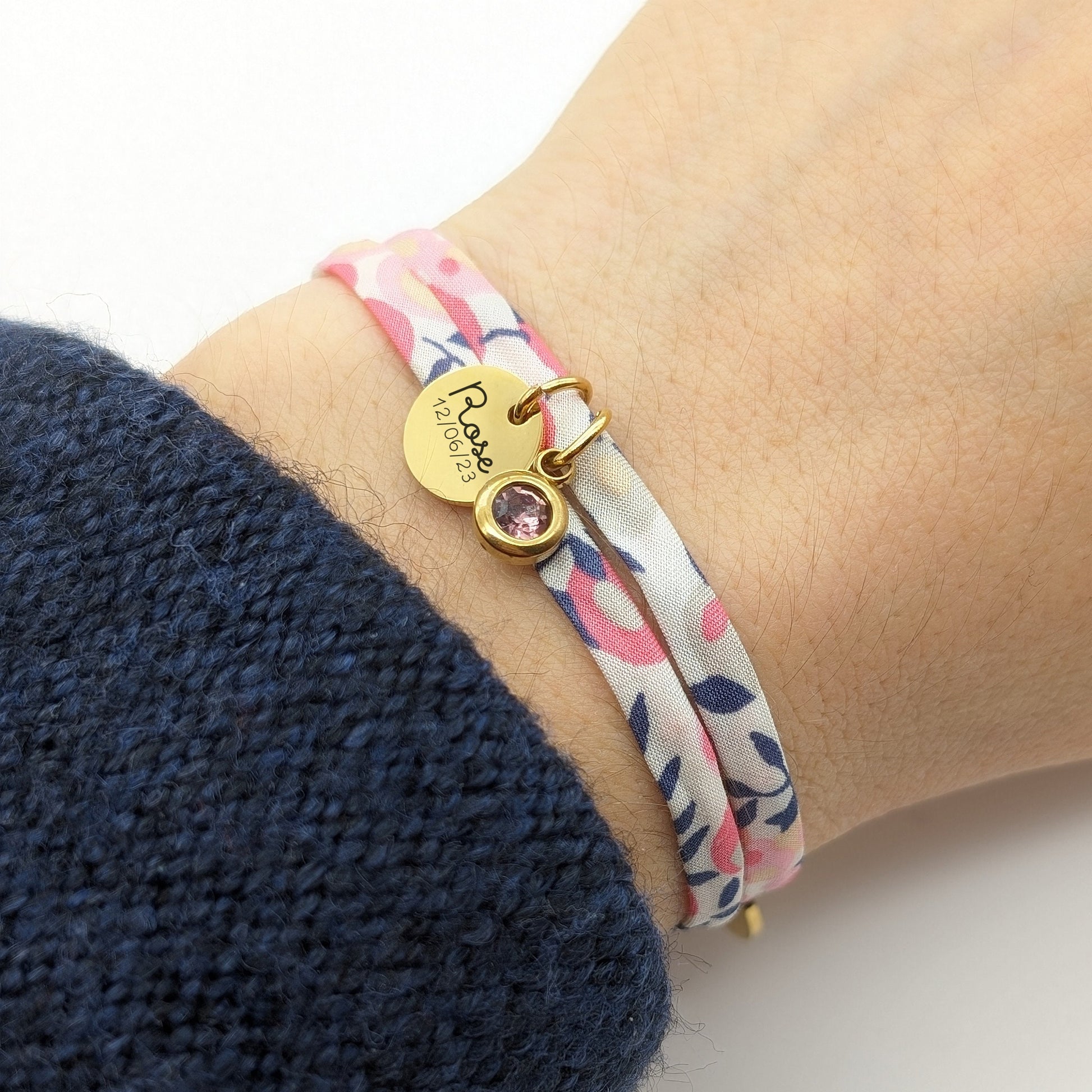 Bracelet personnalisé cordon Liberty avec pierre de naissance, Bijou pour Maman, Marraine, Cadeau naissance, Cadeau Fête des mères