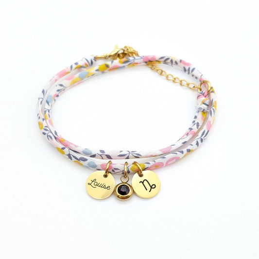 Bracelet personnalisé cordon Liberty avec pierre de naissance, Bijou pour Maman, Marraine, Cadeau naissance, Cadeau Fête des mères