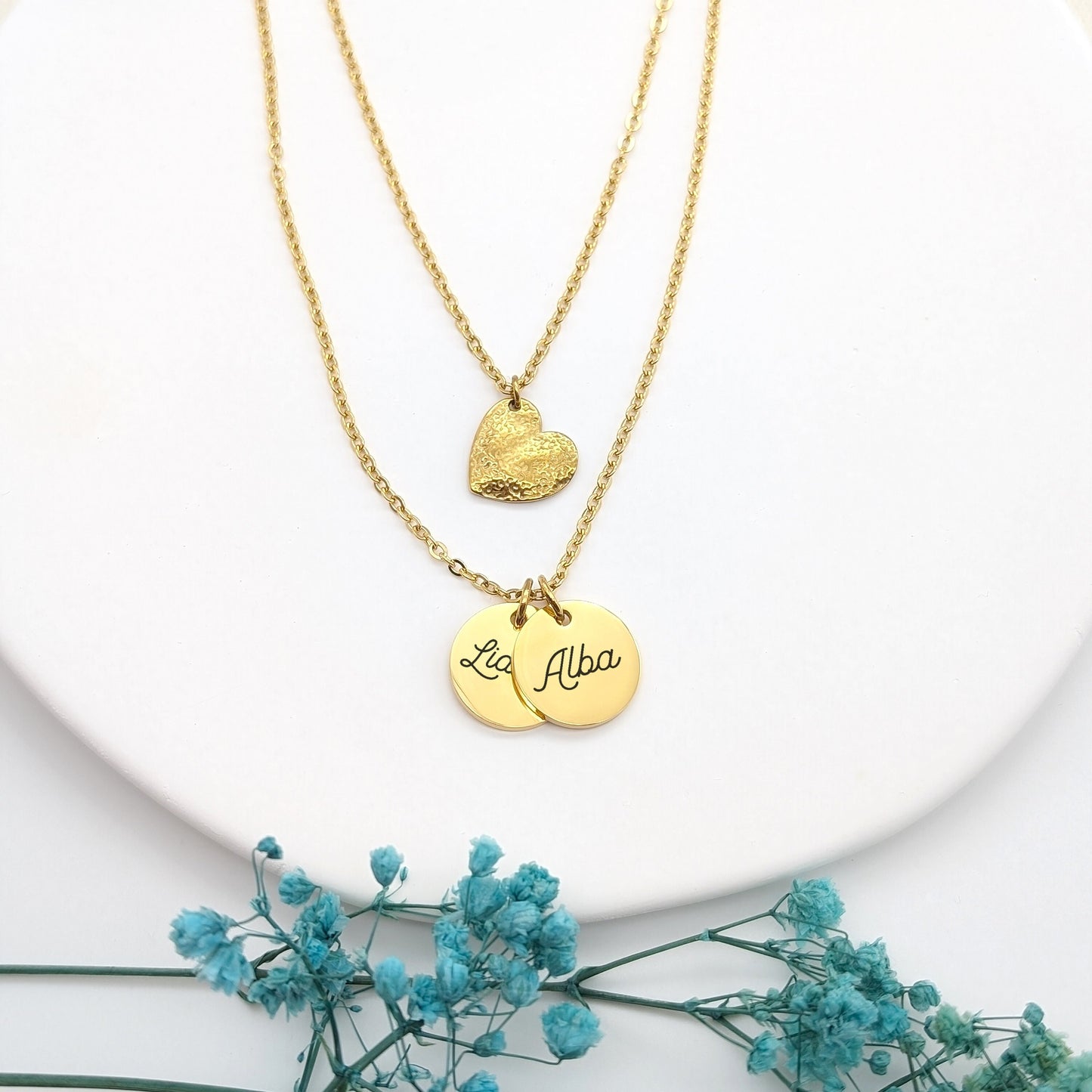 Collier Personnalisé avec médaille et cœur martelé, Collier pour Maman, Bijou Marraine, Cadeau Nounou, Cadeau naissance, fête des mères