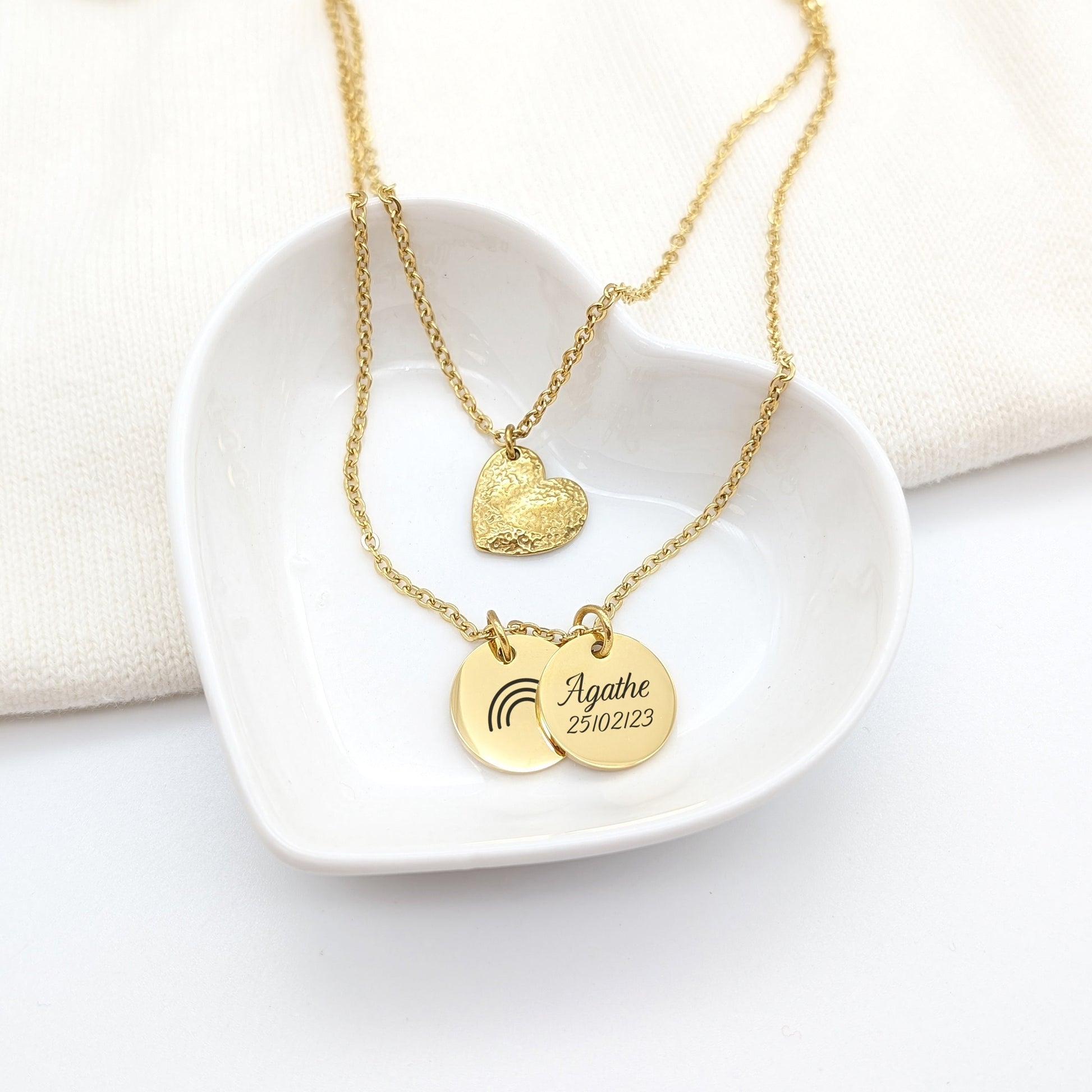 Collier double rangs avec médailles de 15 mm à graver et breloque