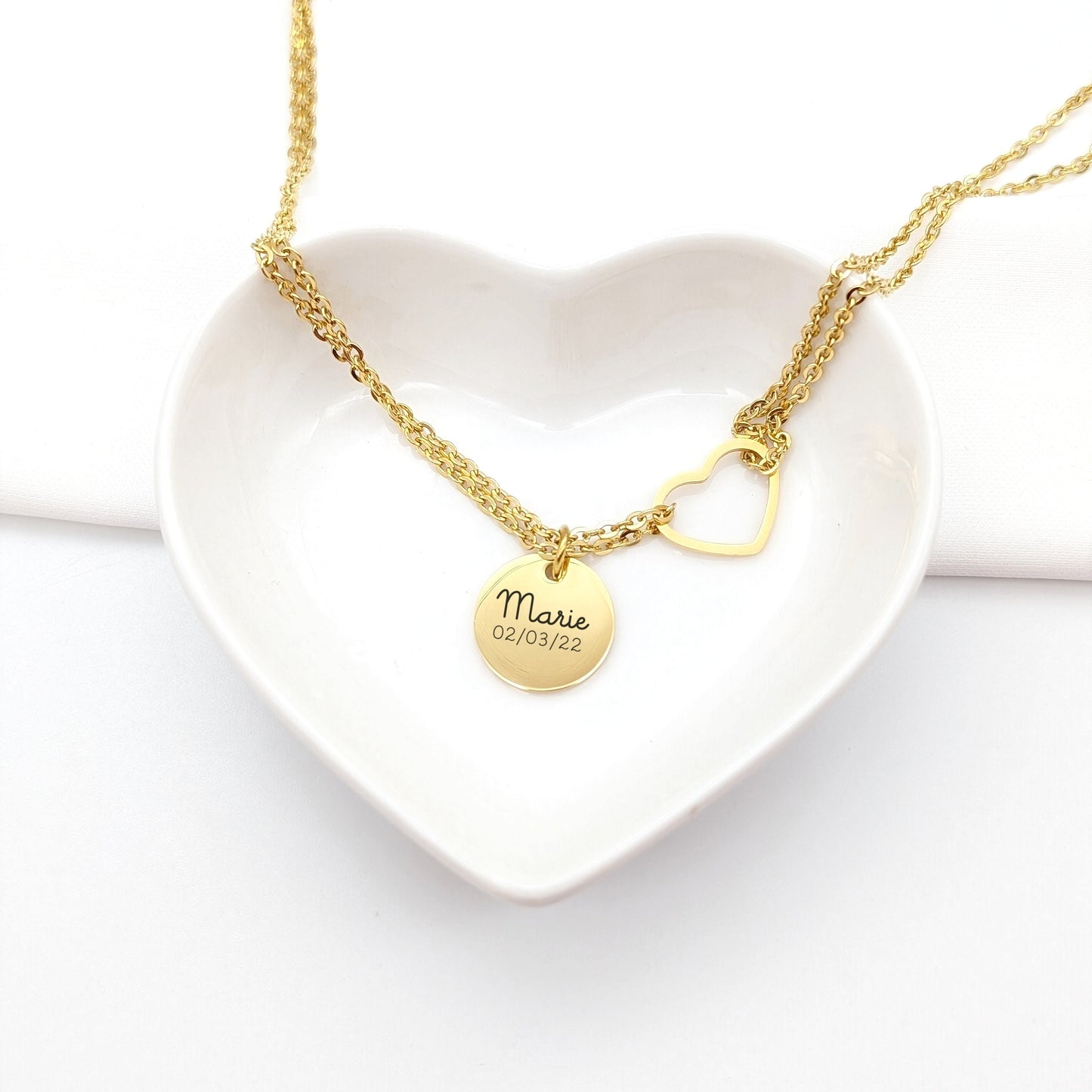 Collier femme personnalisé chaine cœur et médailles, Cadeau Maman, Marraine, Mamie, Bijou prénom, Cadeau fête des mères, Cadeau naissance