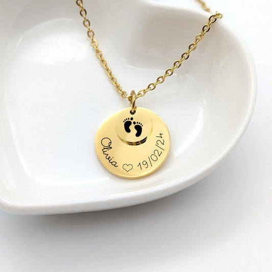 Collier personnalisé avec 2 médailles superposées. Gravure au choix avec plusieurs police d&#39;écriture et plusieurs pictogrammes.