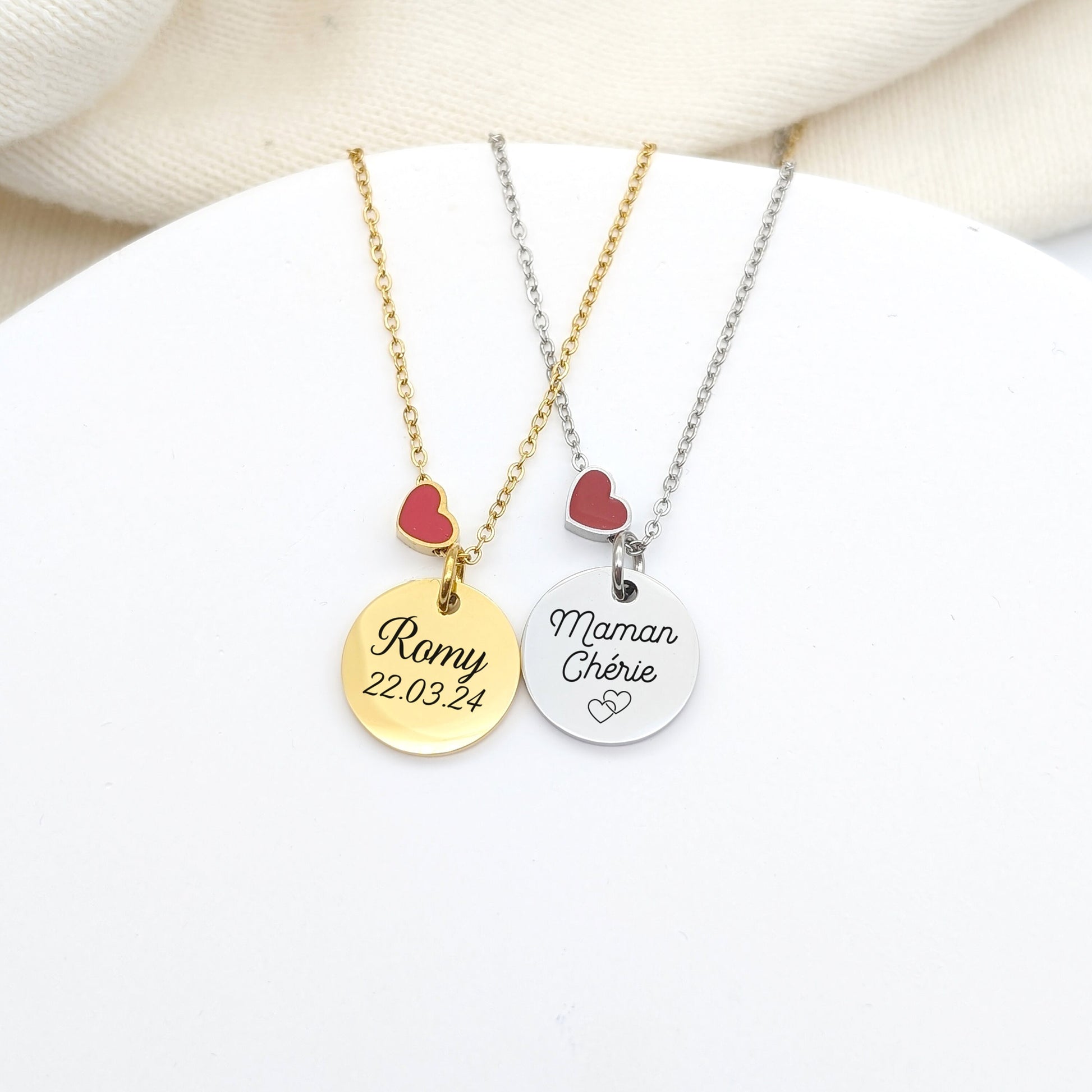 Collier personnalisé en acier avec cœur rouge émaillé • Collier pour Maman, Mamie, Marraine, Cadeau Naissance, Cadeau Fête des mères