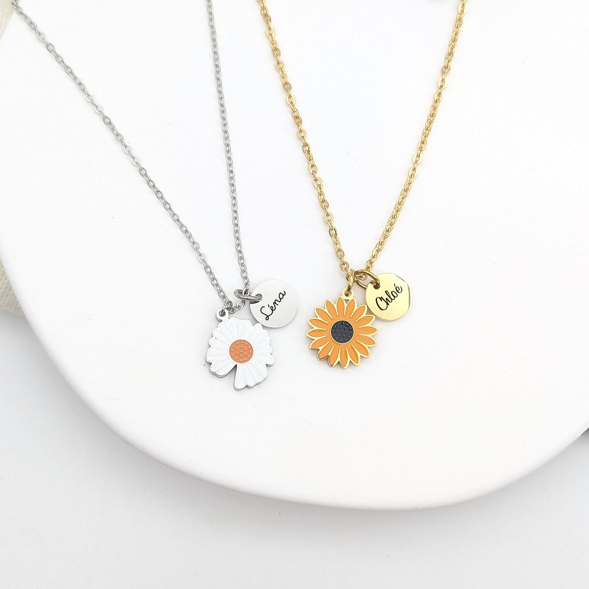 Collier acier inoxydable avec fleur • Collier personnalisé fille, Cadeau baptême, Communion, bijou naissance, Cadeau Demoiselle honneur