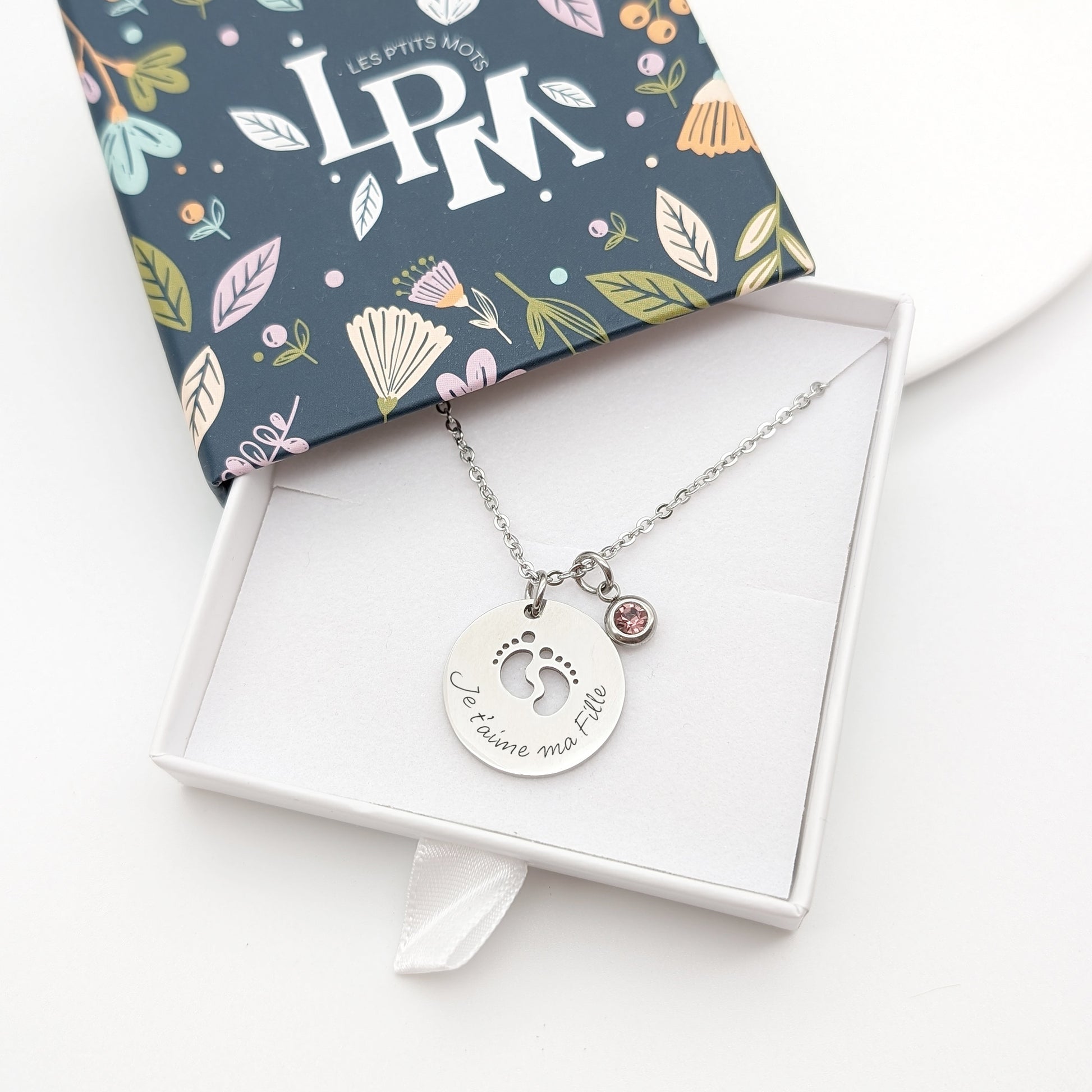 Collier pendentif petits pieds avec pierre de naissance, Collier personnalisé, Cadeau maman, Cadeau Naissance, Bijou Marraine, Nounou