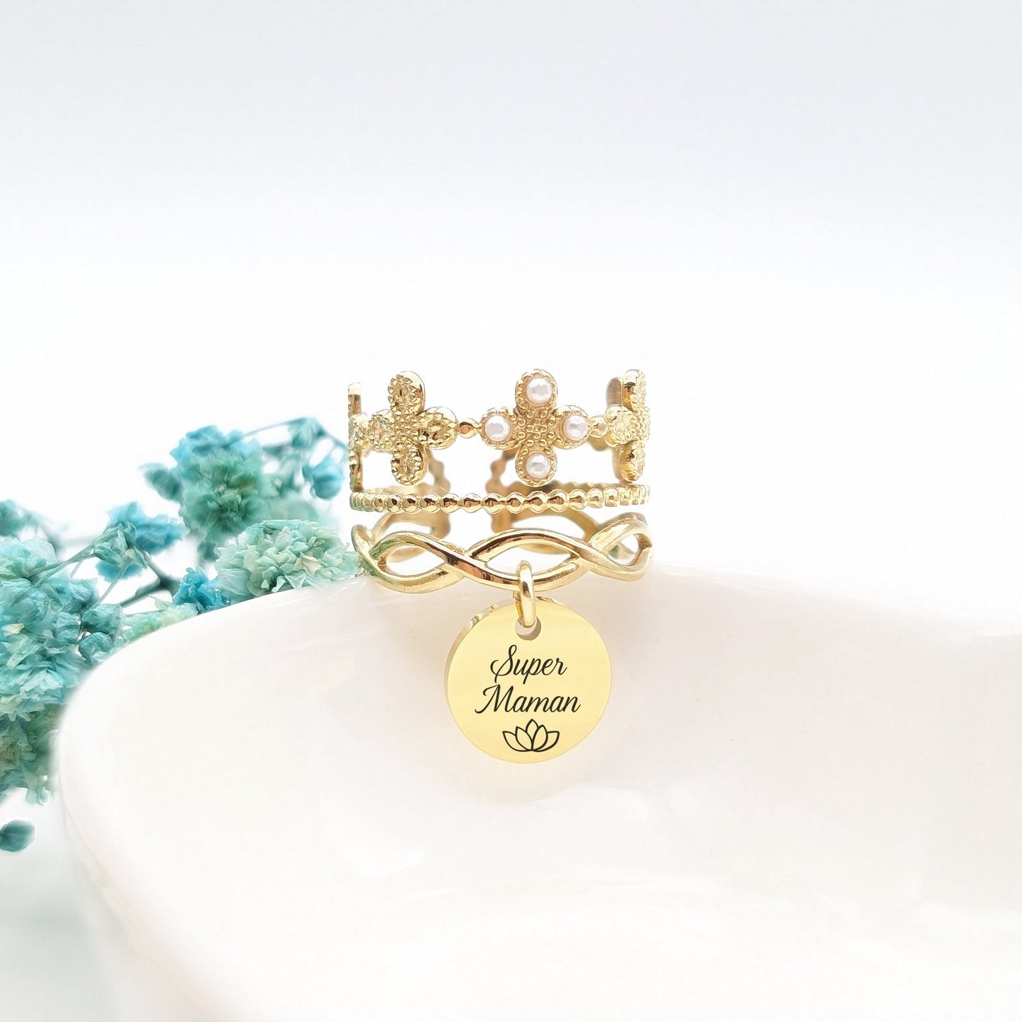 Bague personnalisée femme en acier, Bague maman, Bijou gravé femme, Cadeau naissance, Cadeau fête des mères, Bijou Marraine, Cadeau Nounou