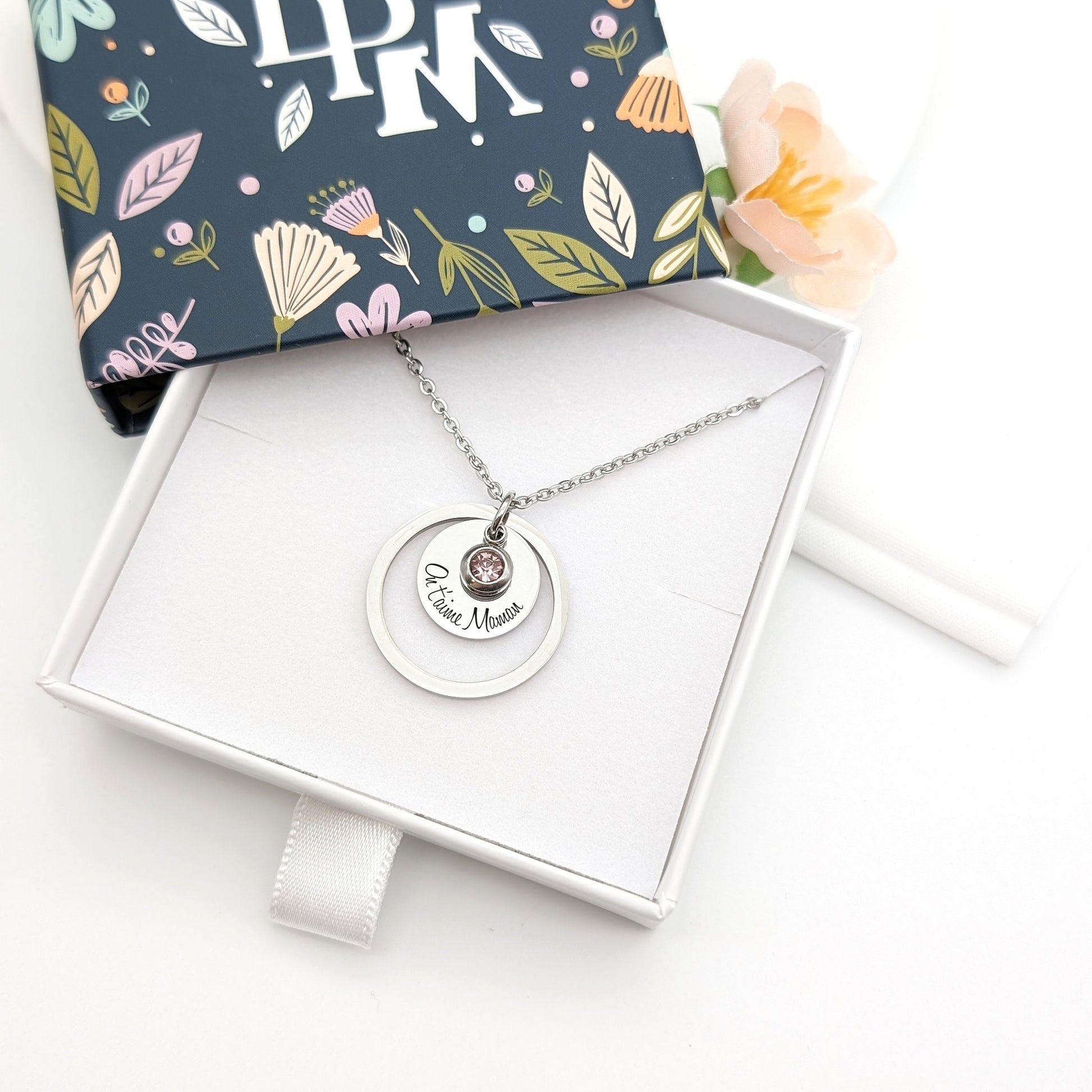Collier femme Personnalisé cercle et pierre de naissance, Bijou pour Maman, Marraine, Collier Mamie, Cadeau naissance, Cadeau fête des mères